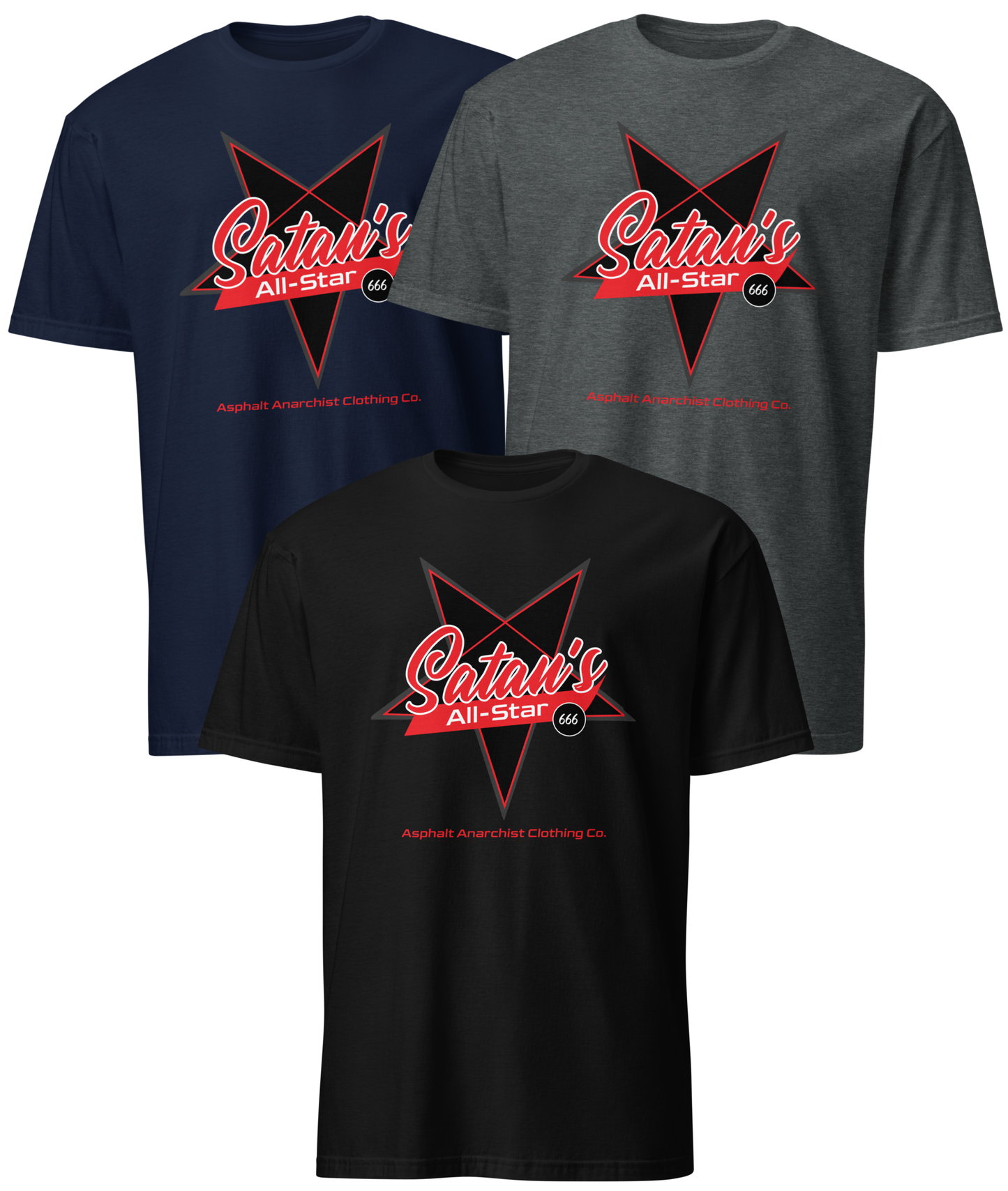 Front collage view of the Satan’s All Star Tee in black, gray, or navy from Asphalt Anarchist Clothing Co.—features “Satan’s” in cursive over a pentagram with “All-Star” below and 666 on the back collar. AI-generated image.
