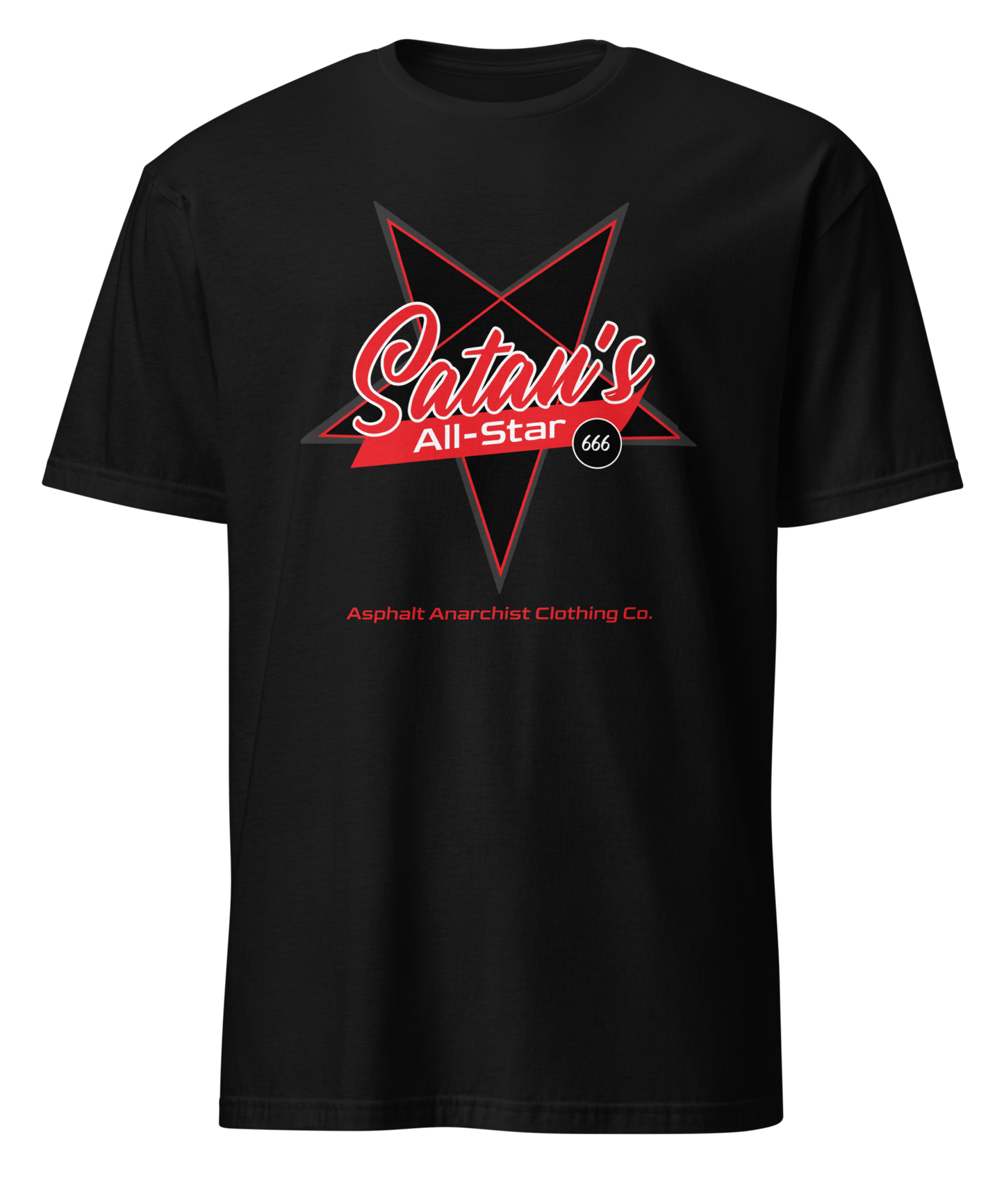 Front view of the Satan’s All Star Tee in black from Asphalt Anarchist Clothing Co.—features “Satan’s” in cursive over a pentagram with “All-Star” below and 666 on the back collar. AI-generated image.