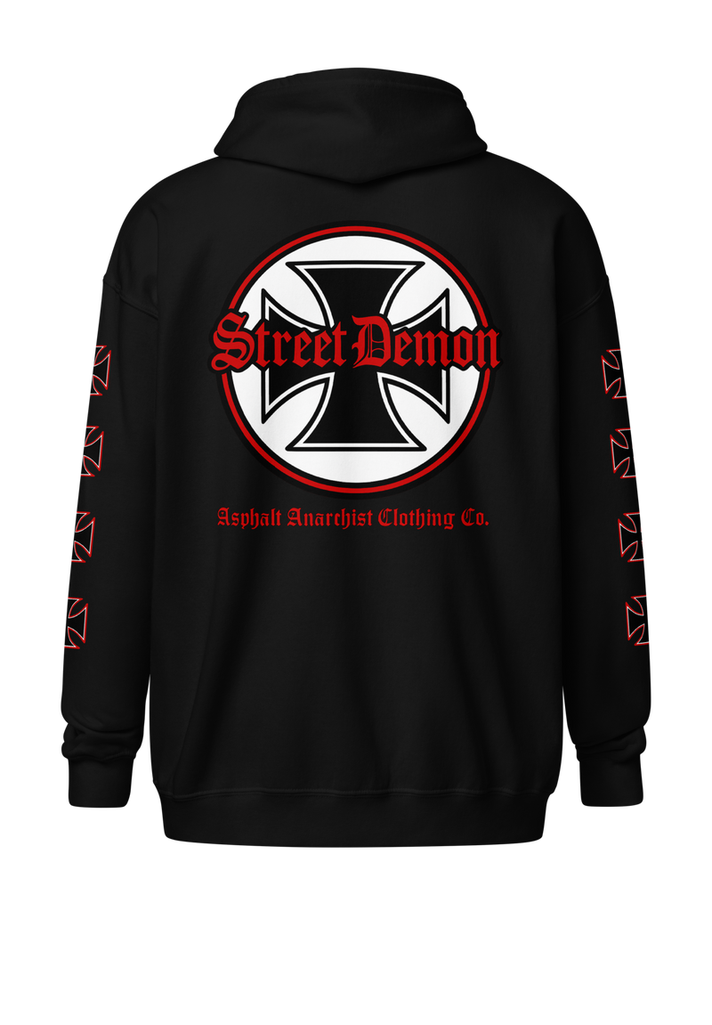 Embrace the raw spirit of hot rod culture with the Street Demon Heavy Zipper Hoodie from Asphalt Anarchist Clothing Co. A gritty, full-throttle nod to classic car club jacket graphics of the '50s.