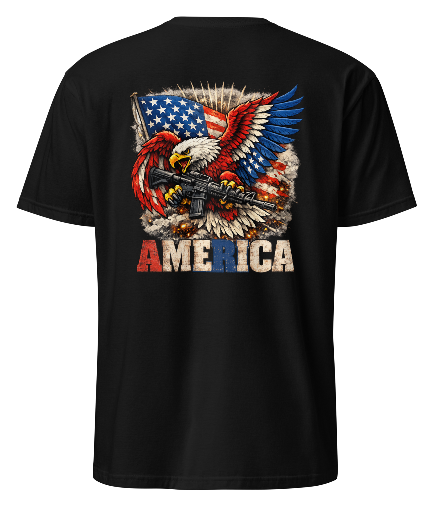 Back view of the Scars & Stripes AR America Tee in black featuring a distressed American‑flag‑colored eagle clutching an AR‑15, with the bold red‑A and blue‑R “America” wordmark centered across the upper back; gritty, weathered, patriotic design. AI Generated Image