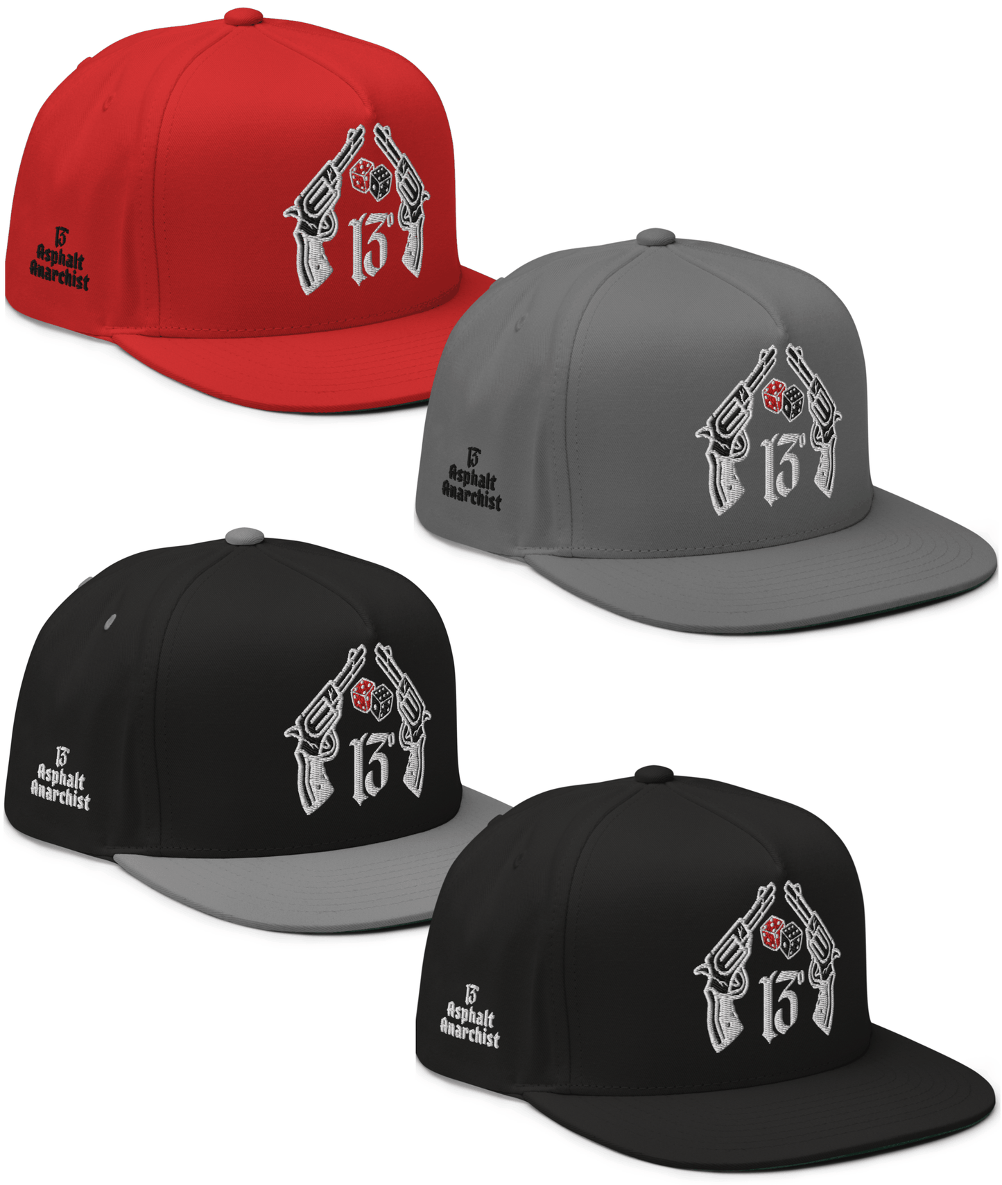 Big Iron 4 color choice collage, black, black & gray, Gray, Red snapback hat with embroidered crossed pistols and dice graphic on front panel; bold, rebellious design from Asphalt Anarchist Clothing Co. AI-generated image used for visual representation.