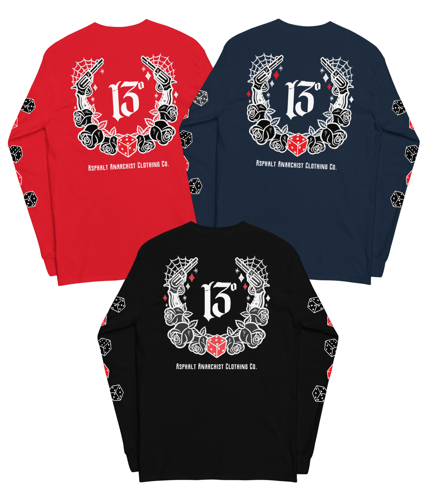 Back view of the Big Iron Long Sleeve Tee in black, navy, or red from Asphalt Anarchist Clothing Co.—classic fit with ribbed cuffs, featuring a full-back outlaw design of pistols, roses, cobwebs, and the number 13. Front chest detail shows dice and sidearms; sleeve graphics display tumblin’ dice in motion. A visual ode to outlaw luck and roadside myth. AI-generated image.
