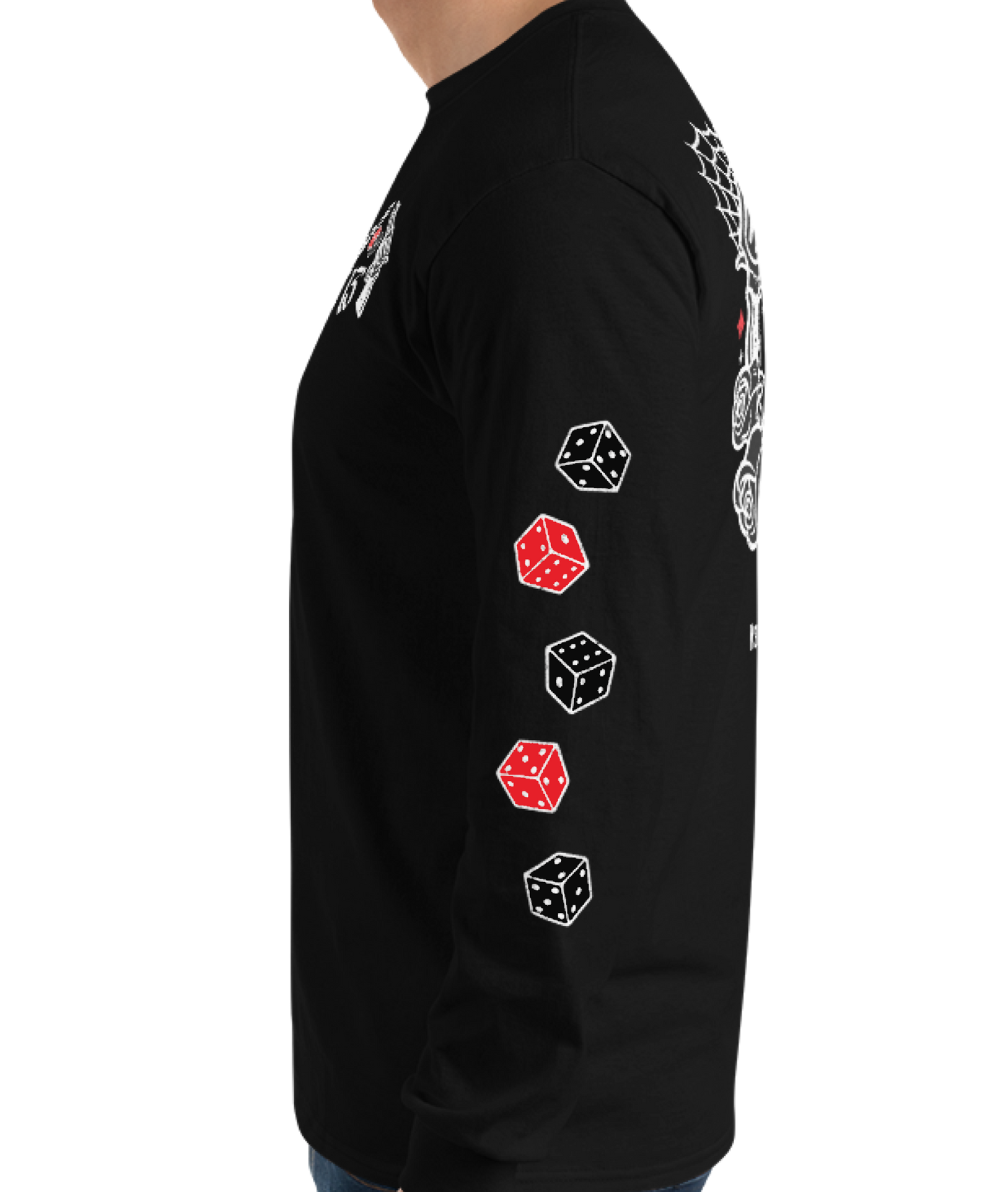 
                  
                    Left side view of the Big Iron Long Sleeve Tee in black from Asphalt Anarchist Clothing Co.—classic fit with ribbed cuffs, featuring a full-back outlaw design of pistols, roses, cobwebs, and the number 13. Front chest detail shows dice and sidearms; sleeve graphics display tumblin’ dice in motion. A visual ode to outlaw luck and roadside myth. AI-generated image.

                  
                