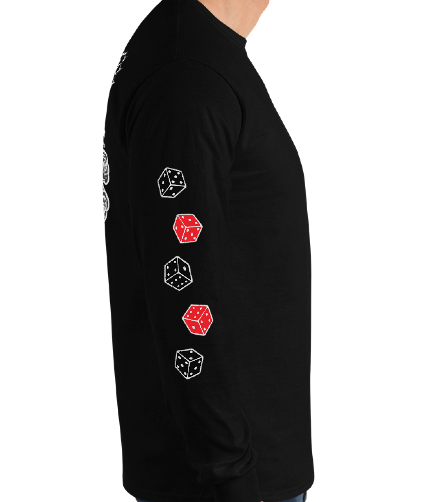 
                  
                    Right side view of the Big Iron Long Sleeve Tee in black from Asphalt Anarchist Clothing Co.—classic fit with ribbed cuffs, featuring a full-back outlaw design of pistols, roses, cobwebs, and the number 13. Front chest detail shows dice and sidearms; sleeve graphics display tumblin’ dice in motion. A visual ode to outlaw luck and roadside myth. AI-generated image.

                  
                