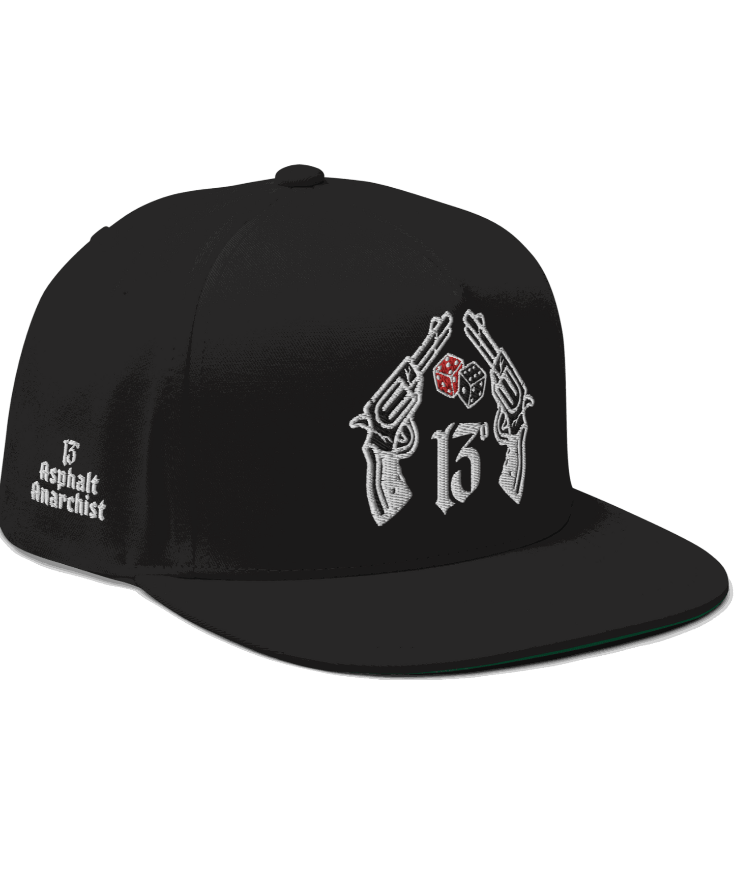 Front image of the Big Iron Black snapback hat with embroidered crossed pistols and dice graphic on front panel; bold, rebellious design from Asphalt Anarchist Clothing Co. AI-generated image used for visual representation.