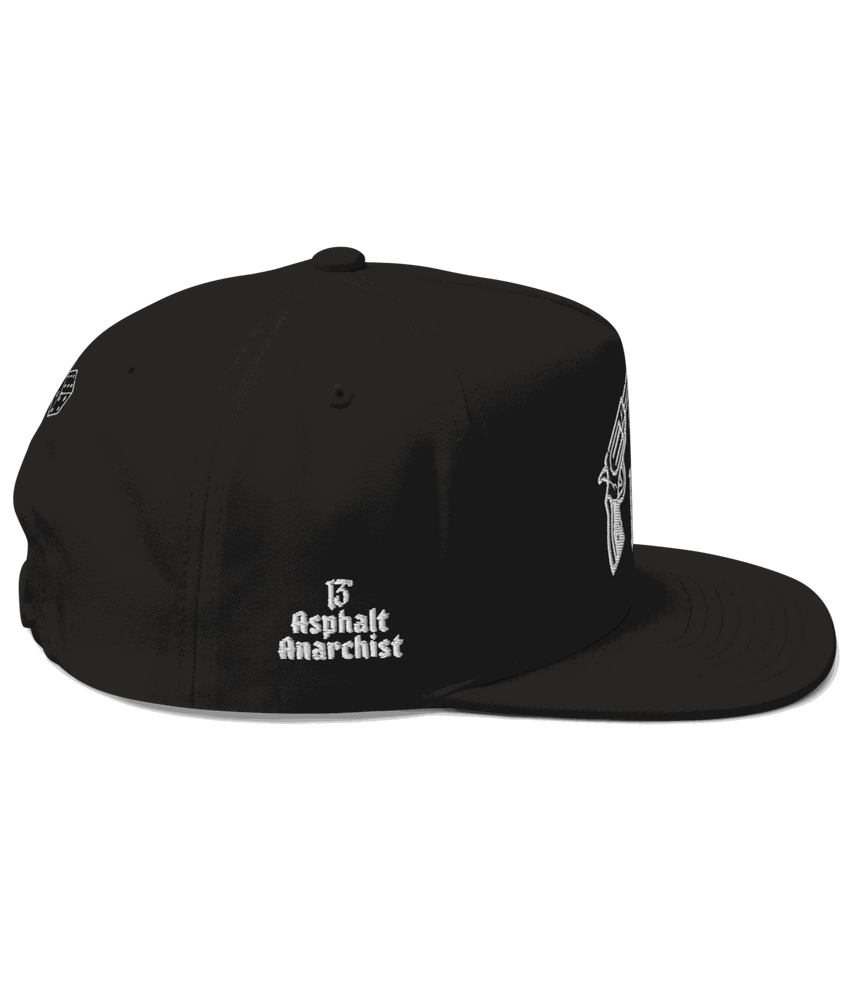 
                  
                    Side image of the Big Iron Black snapback hat with embroidered crossed pistols and dice graphic on front panel; bold, rebellious design from Asphalt Anarchist Clothing Co. AI-generated image used for visual representation.
                  
                