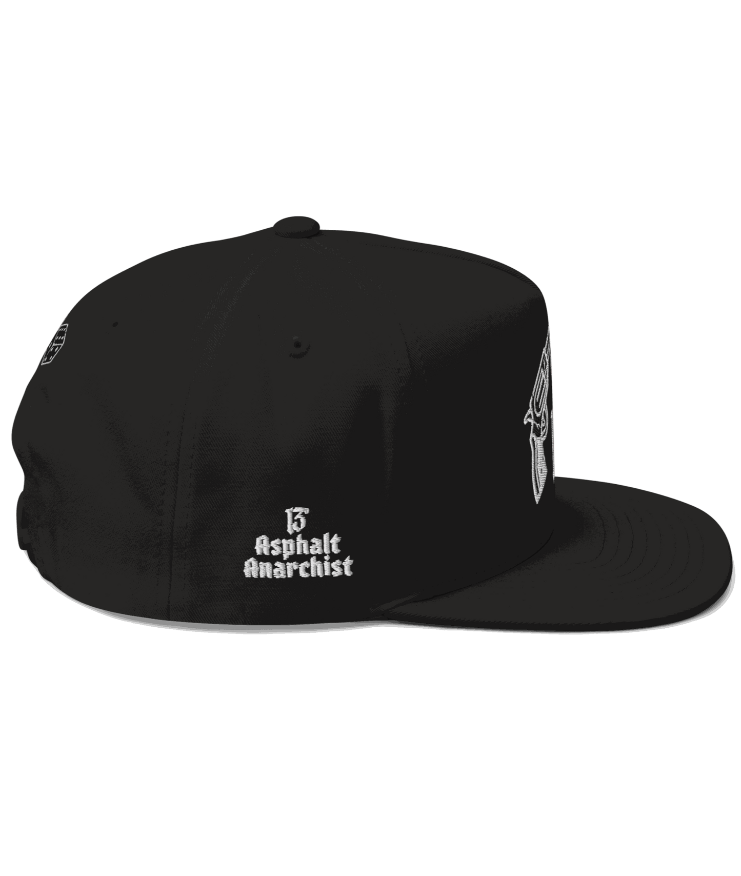 
                  
                    Side image of the Big Iron Black snapback hat with embroidered crossed pistols and dice graphic on front panel; bold, rebellious design from Asphalt Anarchist Clothing Co. AI-generated image used for visual representation.
                  
                