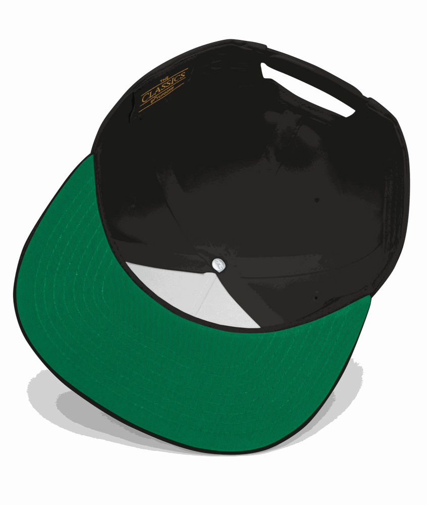 
                  
                    Bottom image of the Big Iron Black snapback hat with embroidered crossed pistols and dice graphic on front panel; bold, rebellious design from Asphalt Anarchist Clothing Co. AI-generated image used for visual representation.
                  
                