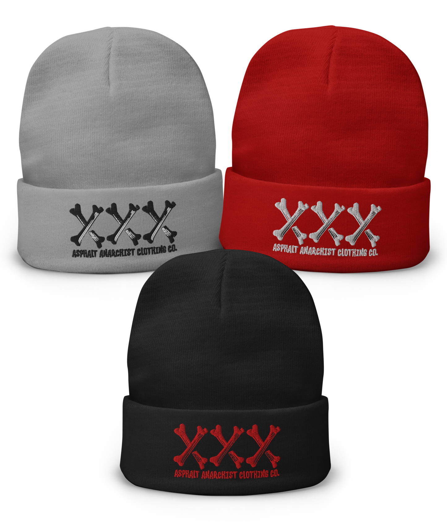 Front collage view of the Bone Grinder X-Bone Beanie in black, gray, or red from Asphalt Anarchist—embroidered triple X’s in bone font with stitched brand detail. Misfit headwear. AI-generated image.