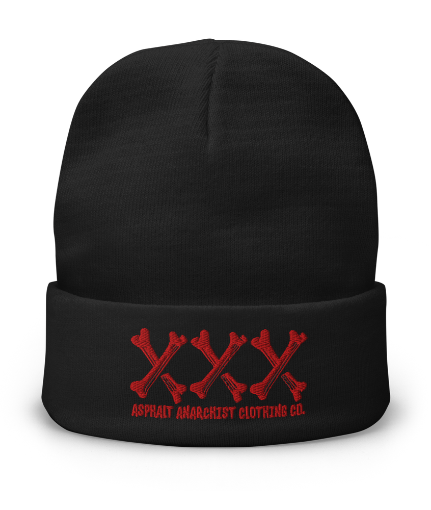 Front view of the Bone Grinder X-Bone Beanie in black from Asphalt Anarchist—embroidered triple X’s in bone font with stitched brand detail. Misfit headwear. AI-generated image.
