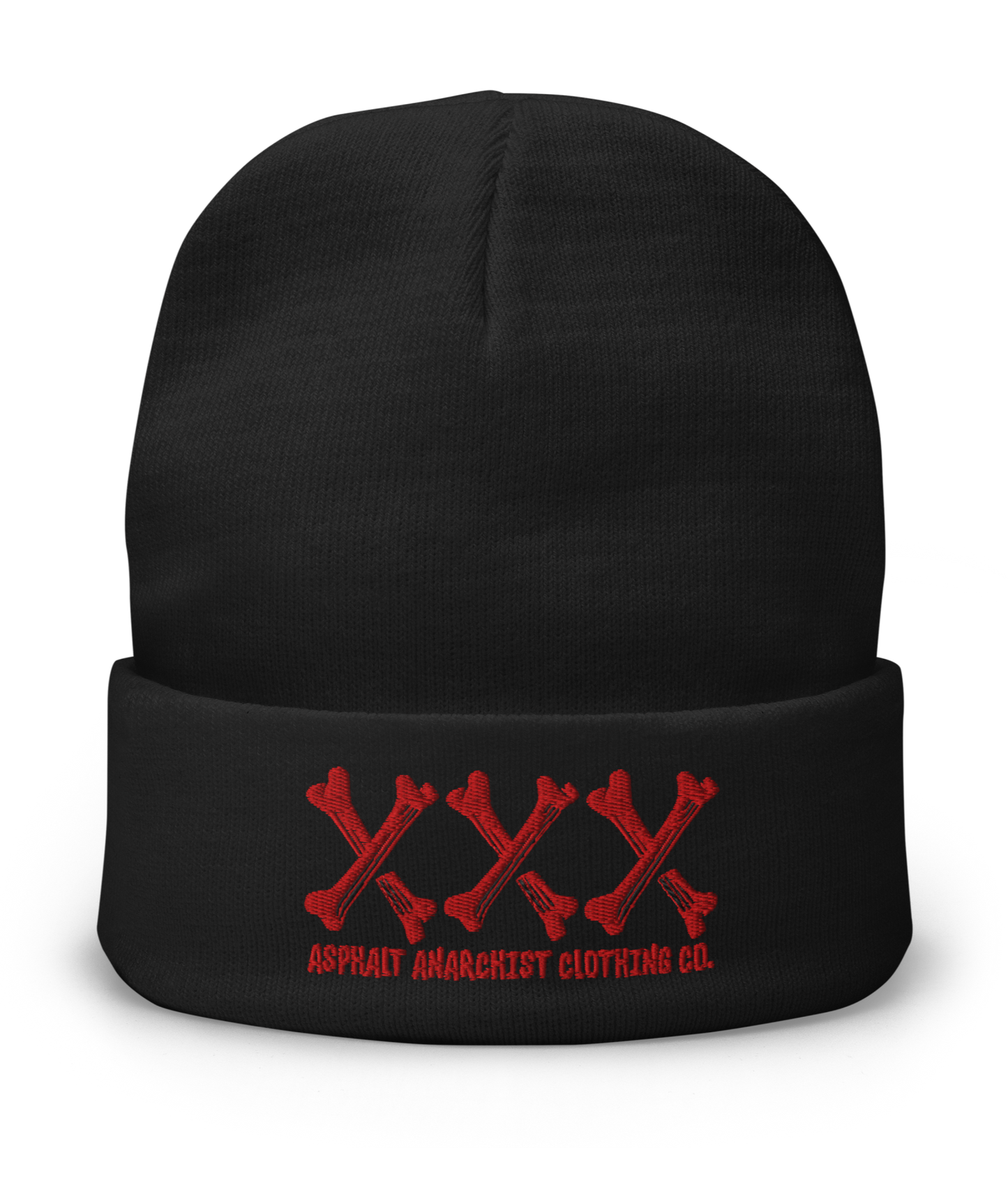 Front view of the Bone Grinder X-Bone Beanie in black from Asphalt Anarchist—embroidered triple X’s in bone font with stitched brand detail. Misfit headwear. AI-generated image.
