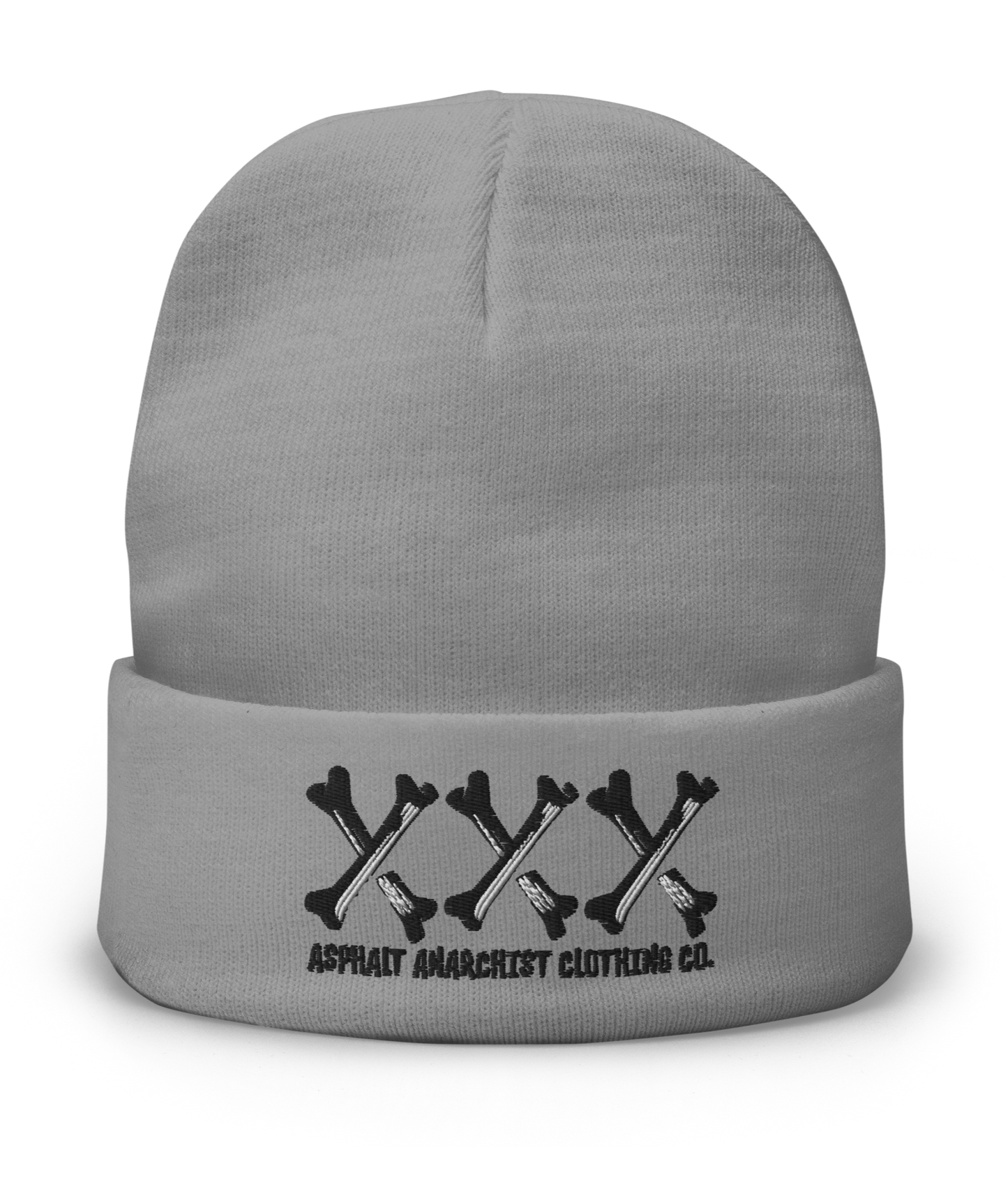 
                  
                    Front view of the Bone Grinder X-Bone Beanie in gray from Asphalt Anarchist—embroidered triple X’s in bone font with stitched brand detail. Misfit headwear. AI-generated image.
                  
                