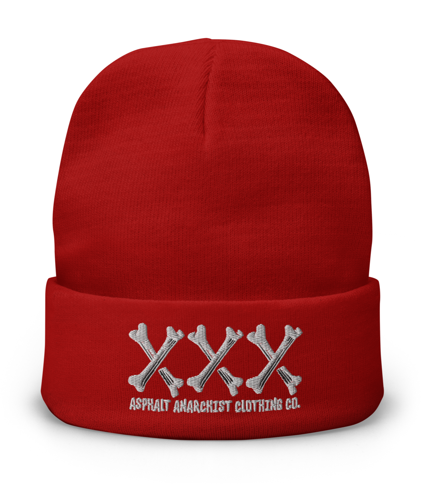 
                  
                    Front view of the Bone Grinder X-Bone Beanie in red from Asphalt Anarchist—embroidered triple X’s in bone font with stitched brand detail. Misfit headwear. AI-generated image.
                  
                