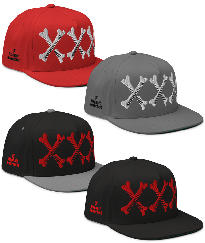 Collage view of the Bone Grinder Embroidered Snapback in black, gray, black & gray, or red by Asphalt Anarchist Clothing Co.—5-panel hat with bone-font XXX front embroidery and stitched ⓭ detail on the back. AI-generated image.