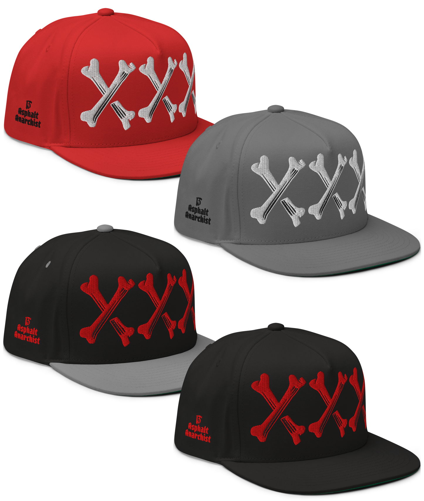 Collage view of the Bone Grinder Embroidered Snapback in black, gray, black & gray, or red by Asphalt Anarchist Clothing Co.—5-panel hat with bone-font XXX front embroidery and stitched ⓭ detail on the back. AI-generated image.