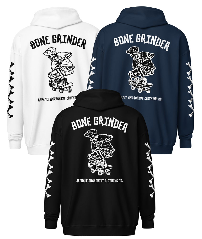 Back collage view of Bone Grinder Heavy Zipper Hoodie in black, navy, or white by Asphalt Anarchist Clothing Co., featuring full-back skeleton skater nose grab graphic, bone-font XXXX sleeve detail, and front chest pocket print. AI-generated image.