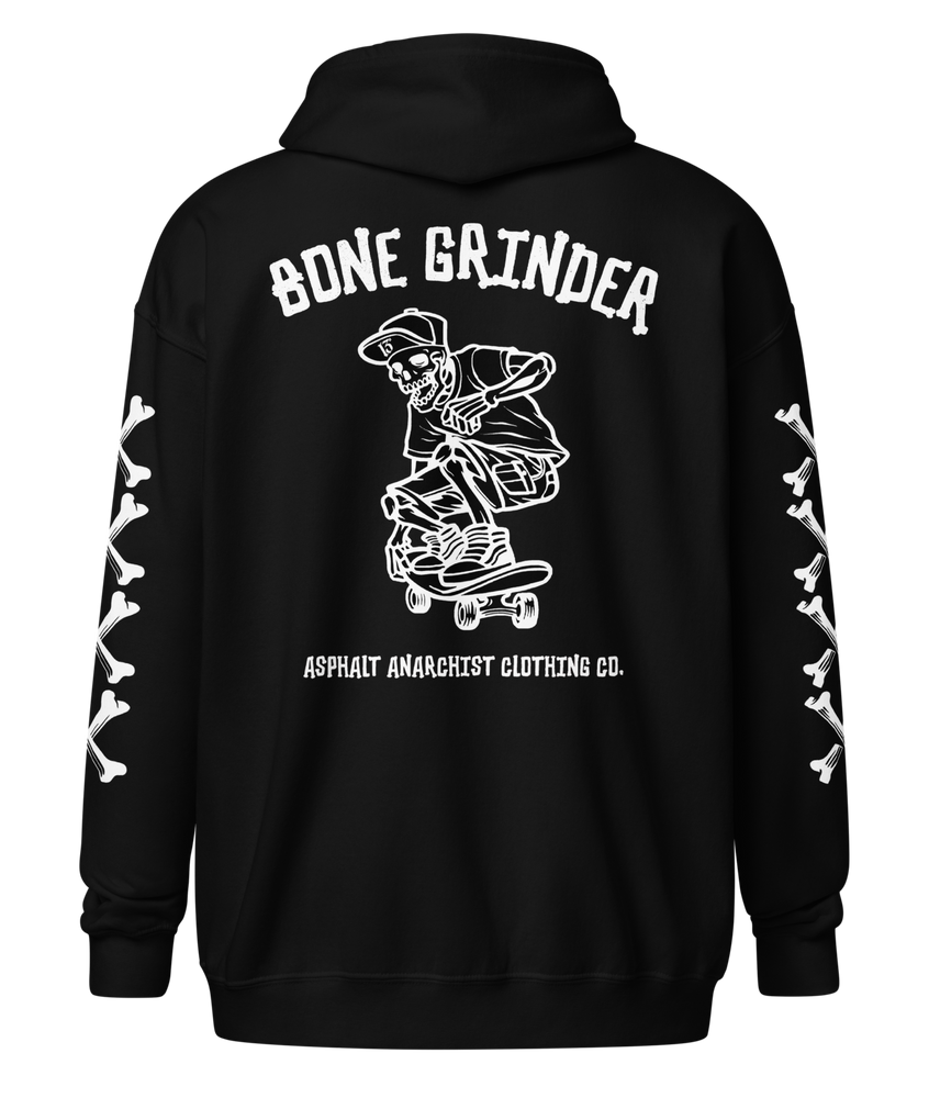 Back view of Bone Grinder Heavy Zipper Hoodie in black by Asphalt Anarchist Clothing Co., featuring full-back skeleton skater nose grab graphic, bone-font XXXX sleeve detail, and front chest pocket print. AI-generated image.