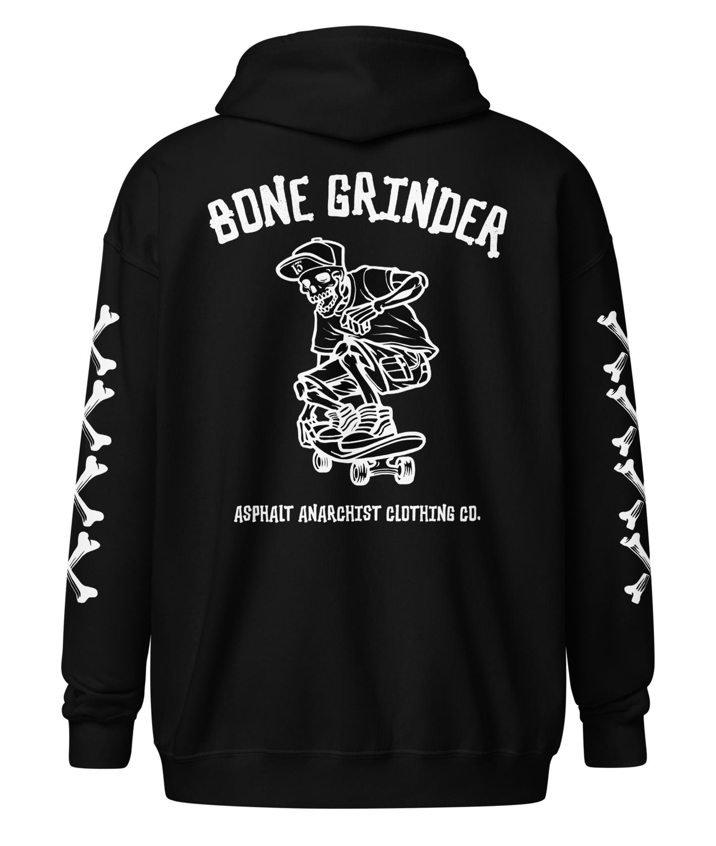 Back view of Bone Grinder Heavy Zipper Hoodie in black by Asphalt Anarchist Clothing Co., featuring full-back skeleton skater nose grab graphic, bone-font XXXX sleeve detail, and front chest pocket print. AI-generated image.