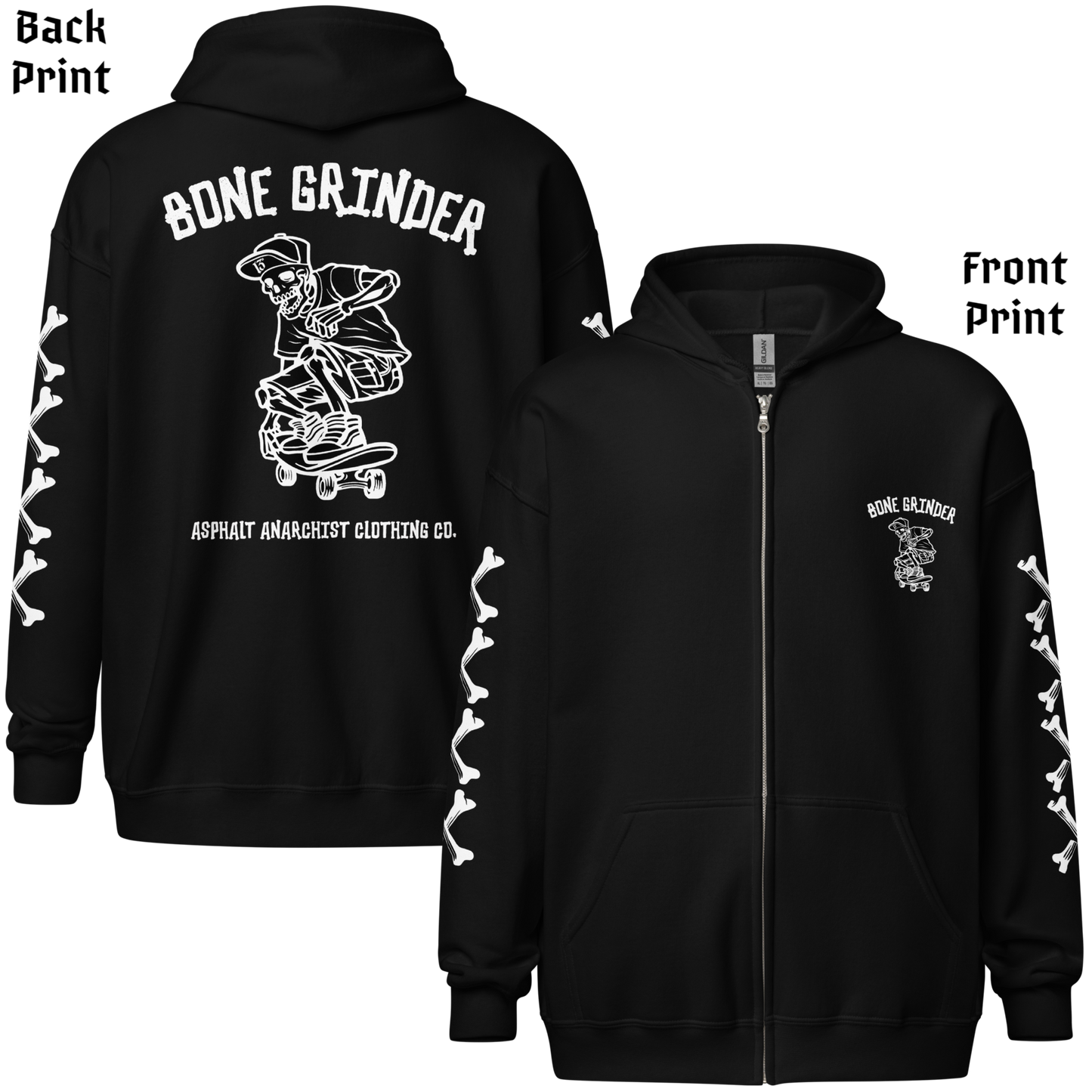 
                  
                    Back and front view of Bone Grinder Heavy Zipper Hoodie in black by Asphalt Anarchist Clothing Co., featuring full-back skeleton skater nose grab graphic, bone-font XXXX sleeve detail, and front chest pocket print. AI-generated image.
                  
                