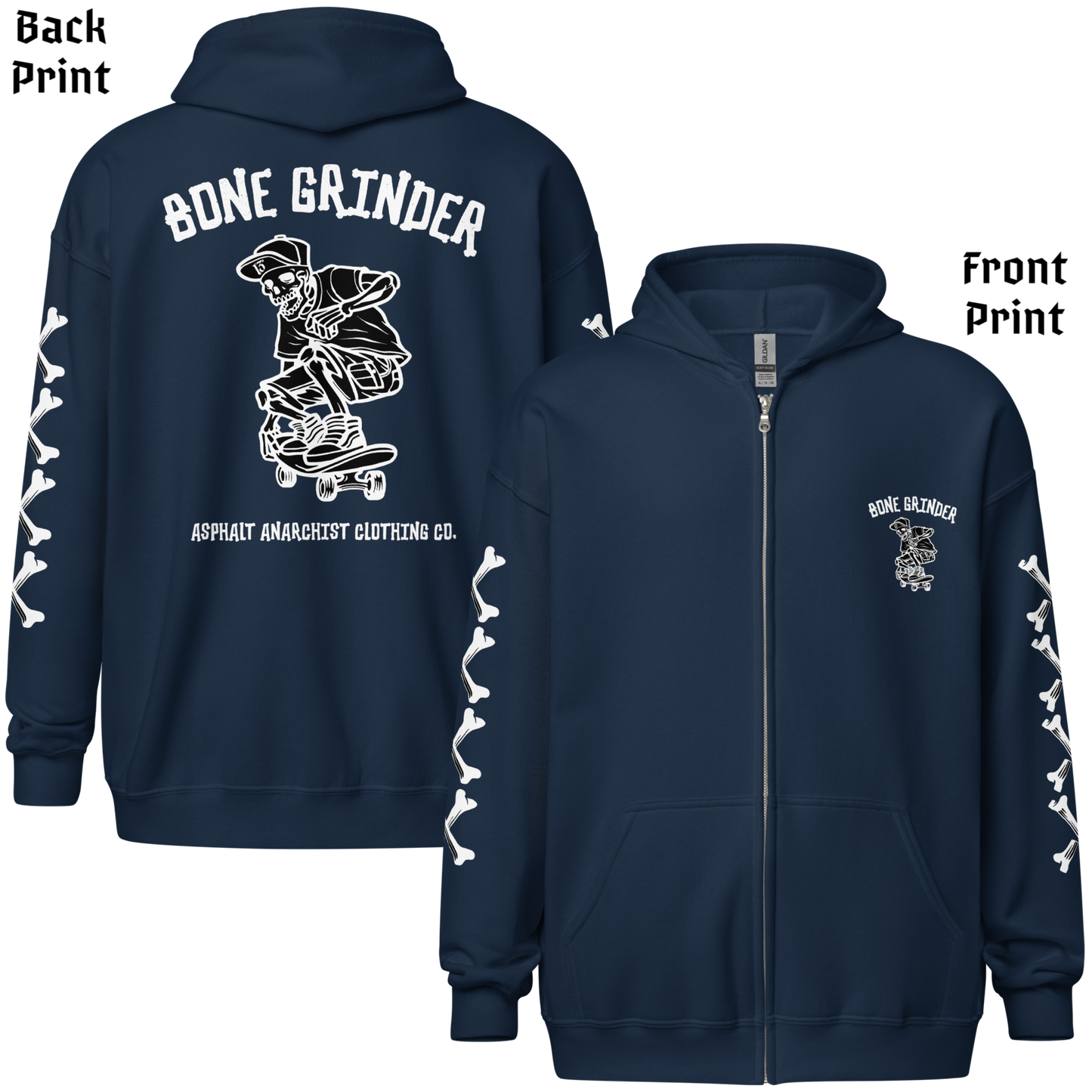 
                  
                    Back and front view of Bone Grinder Heavy Zipper Hoodie in navy by Asphalt Anarchist Clothing Co., featuring full-back skeleton skater nose grab graphic, bone-font XXXX sleeve detail, and front chest pocket print. AI-generated image.
                  
                