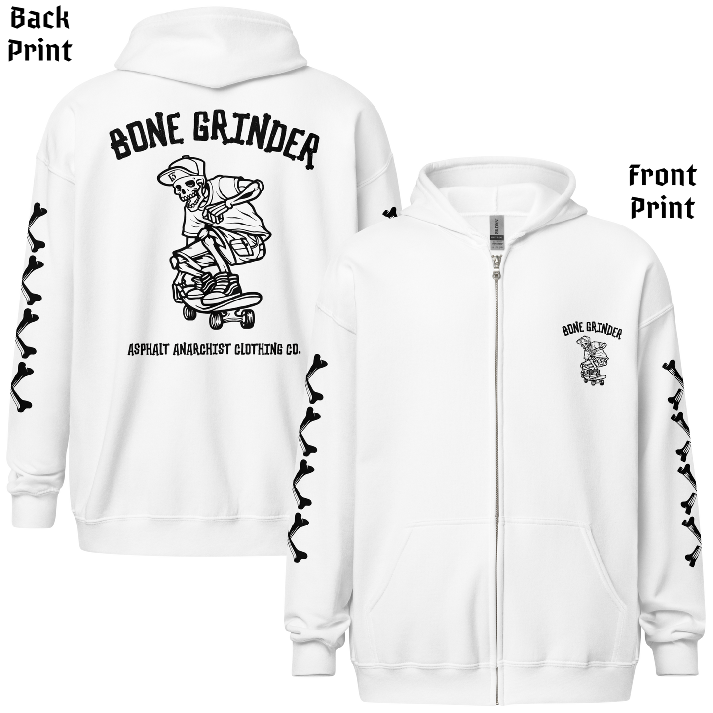 
                  
                    Back and front view of Bone Grinder Heavy Zipper Hoodie in white by Asphalt Anarchist Clothing Co., featuring full-back skeleton skater nose grab graphic, bone-font XXXX sleeve detail, and front chest pocket print. AI-generated image.
                  
                