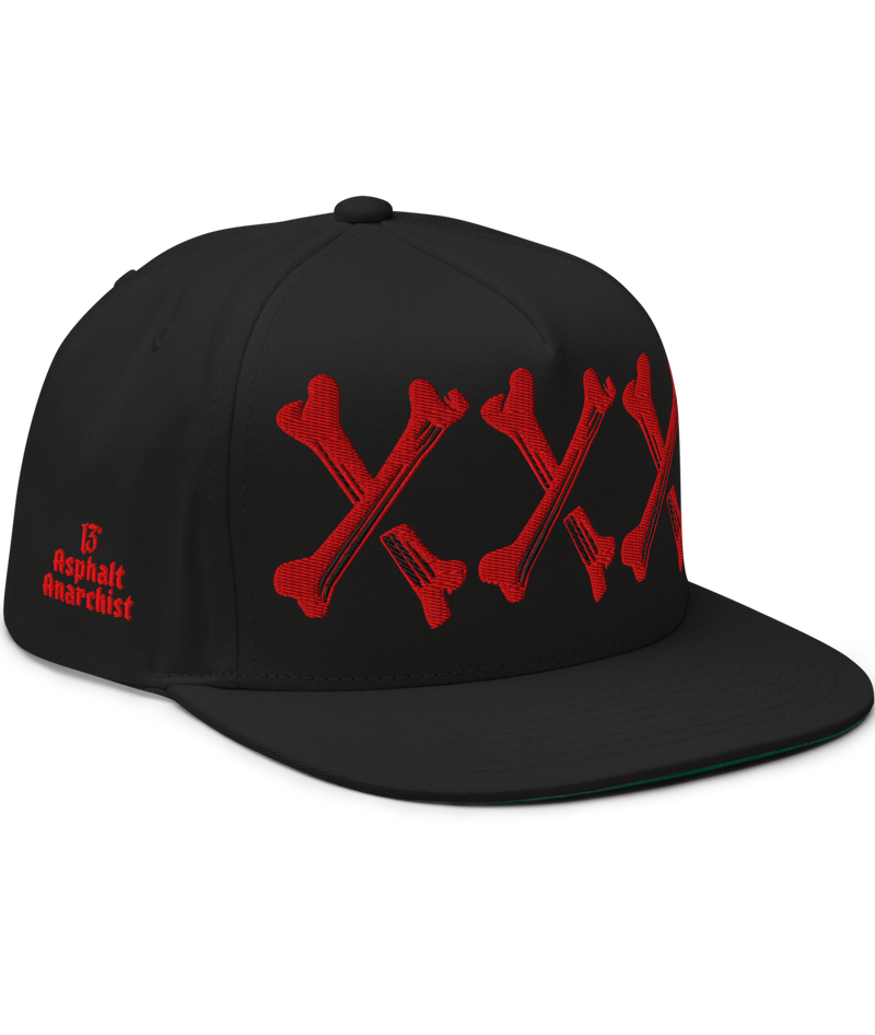 Front view of the Bone Grinder Embroidered Snapback in black by Asphalt Anarchist Clothing Co.—5-panel hat with bone-font XXX front embroidery and stitched ⓭ detail on the back. AI-generated image.