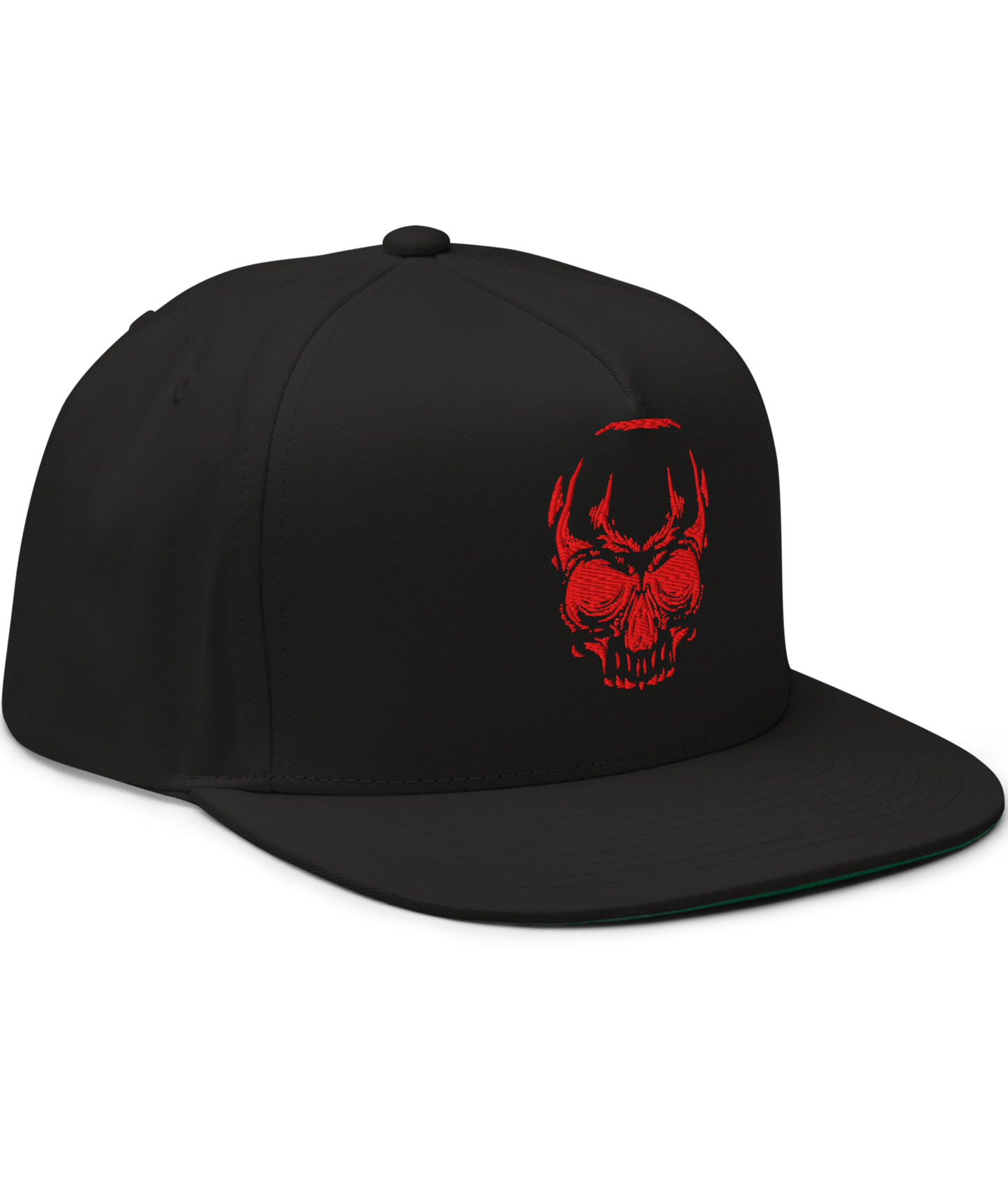 Front view of the Calavera Embroidered Snapback Hat in black. Front skull artwork with the iconic 13 on the back. From Asphalt Anarchist Clothing Co. Old Skool Hot Rod Apparel. AI Generated Image