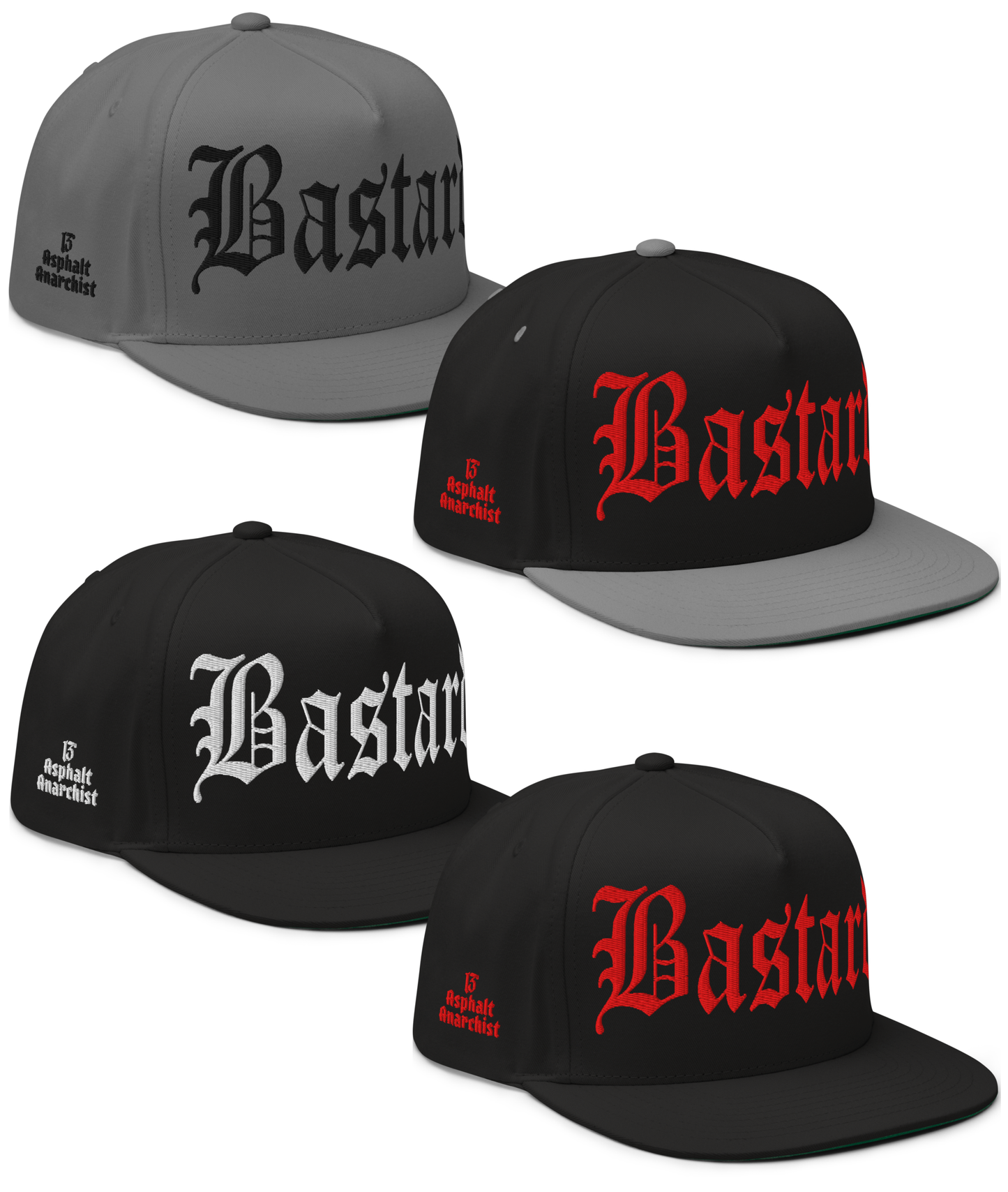 Front collage view of the Evil Bastard Snapback in black & red, black & white, black & gray, and gray from Asphalt Anarchist Clothing Co. Counterculture headwear with Old English front embroidery, 13 insignia on back, and side brand mark. AI Generated Image.