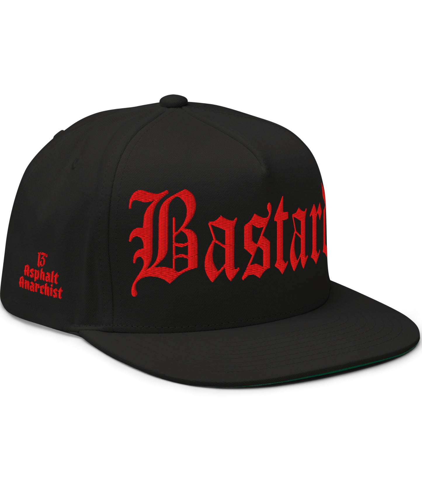 Front view of the Evil Bastard Snapback in black & red from Asphalt Anarchist Clothing Co. Counterculture headwear with Old English front embroidery, 13 insignia on back, and side brand mark. AI Generated Image.