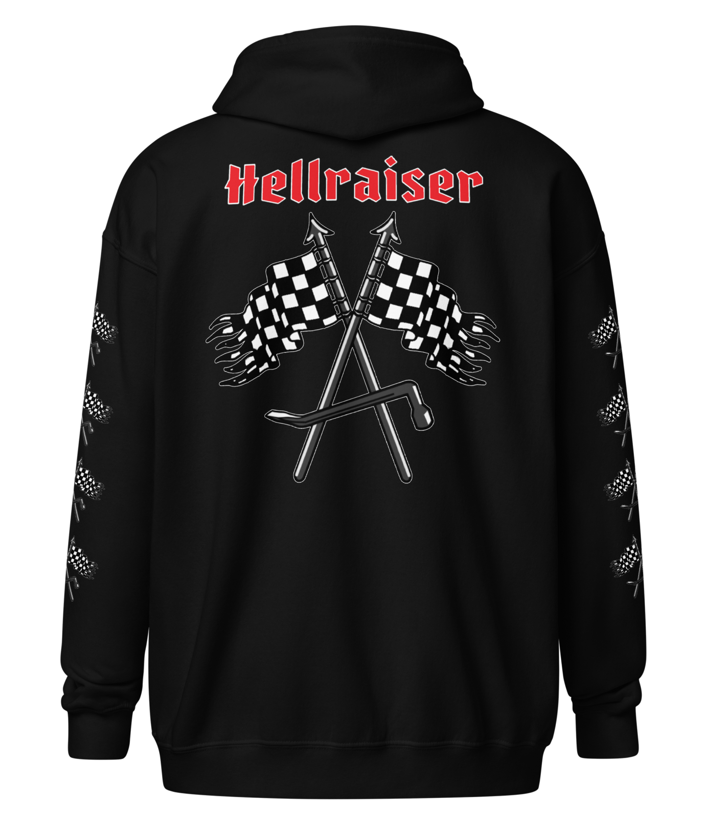Back view of the Asphalt Anarchist Hellraiser Hoodie in black featuring bold back Hellraiser text with piked checkered flags. AI‑generated image.