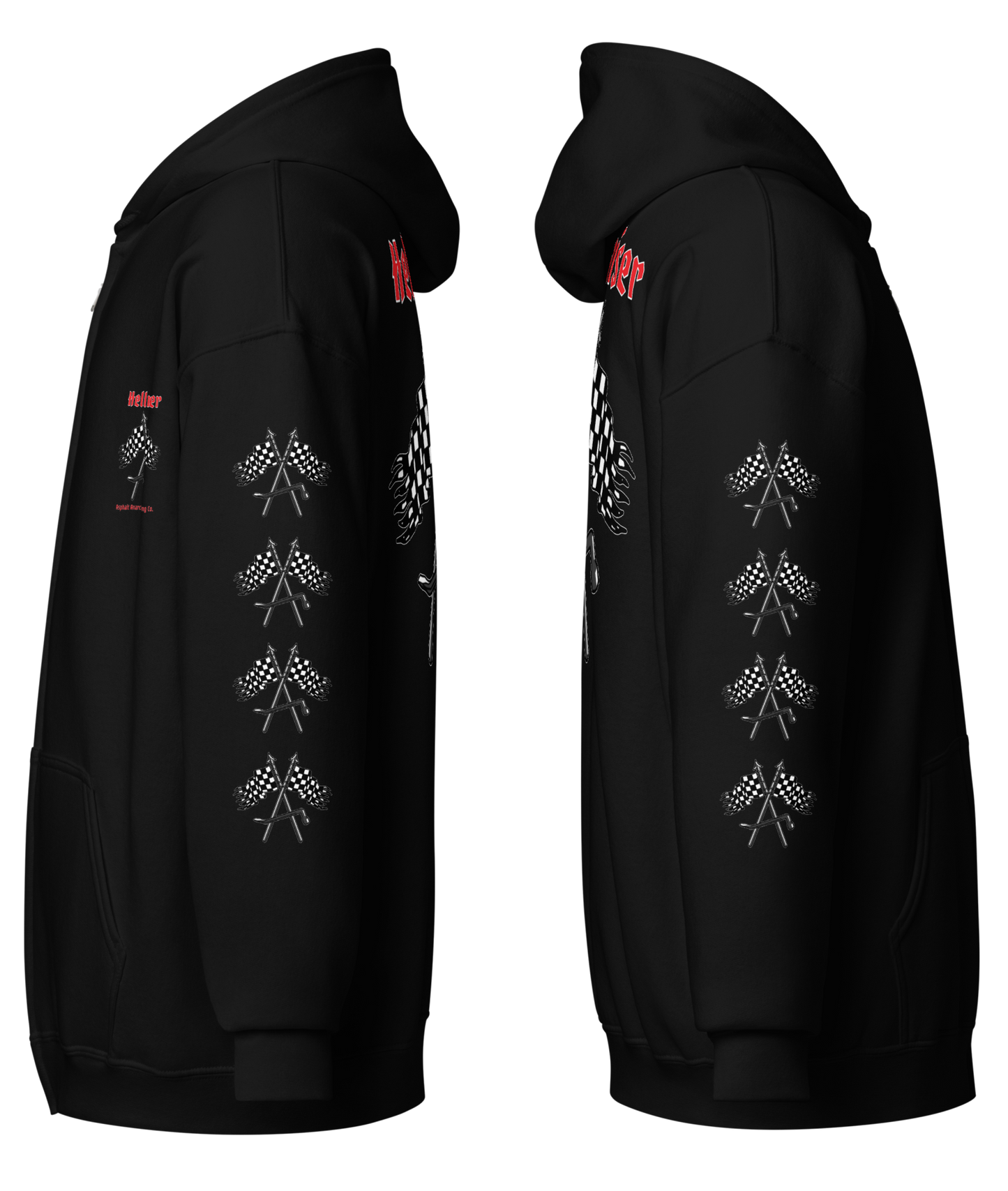 
                  
                    Side view of the Asphalt Anarchist Hellraiser Hoodie in black featuring bold back Hellraiser text with piked checkered flags. AI‑generated image.
                  
                