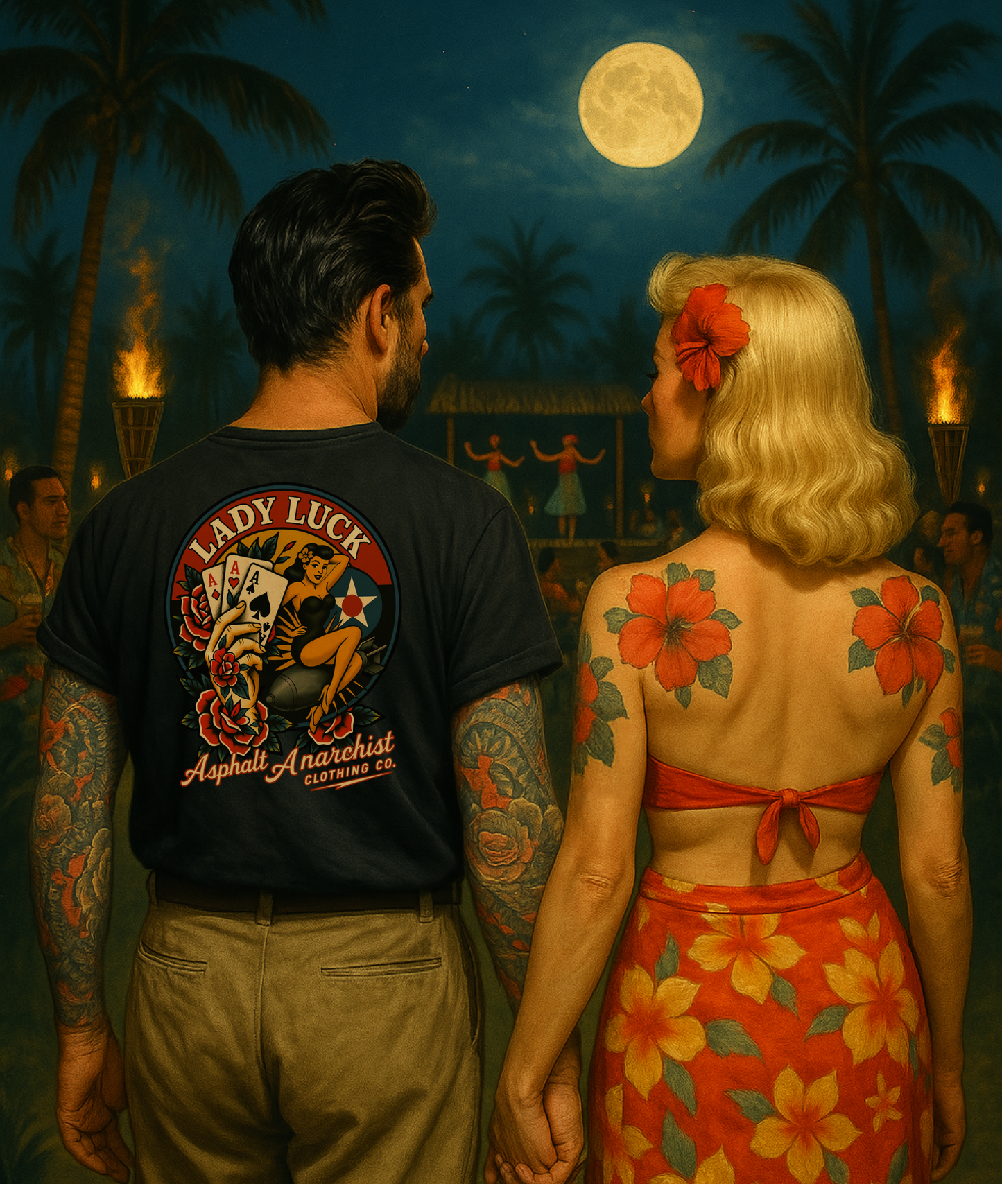 
                  
                    A full-sleeve tattooed man wearing the Lady Luck Tee from Asphalt Anarchist Clothing Co. stands hand in hand with a woman walk into a lively moonlit luau setting, surrounded by palm trees, tiki torches, and distant hula dancers. The tee graphic is of a WWII-era pin-up girl riding a bomb, flanked by traditional tattoo-style elements including three aces and roses. AI Generated Image.
                  
                