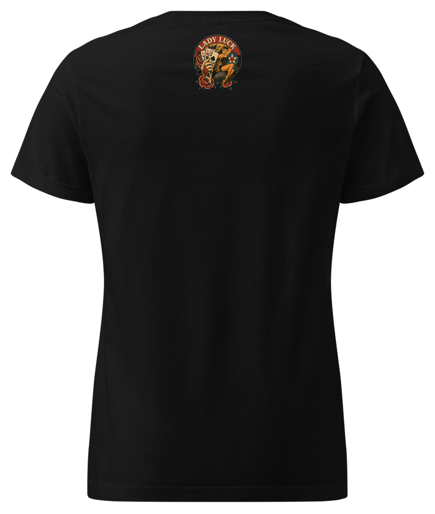Back view of  Lady Luck Soft-Style Tee in black from Asphalt Anarchist Clothing Co.—graphic features a bold  pin-up riding a bomb mid-flight, clenching three aces in her fist, framed by classic rose flash art inspired by WW2 era B-17 nose cone artwork. Semi-fitted women’s cut, lightweight cotton, flat-lay styling.
AI-generated image