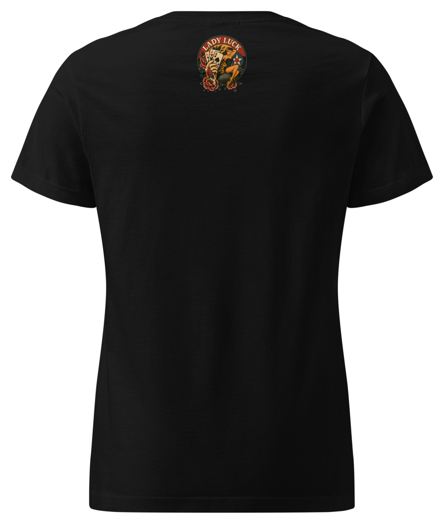 Back view of  Lady Luck Soft-Style Tee in black from Asphalt Anarchist Clothing Co.—graphic features a bold  pin-up riding a bomb mid-flight, clenching three aces in her fist, framed by classic rose flash art inspired by WW2 era B-17 nose cone artwork. Semi-fitted women’s cut, lightweight cotton, flat-lay styling.
AI-generated image