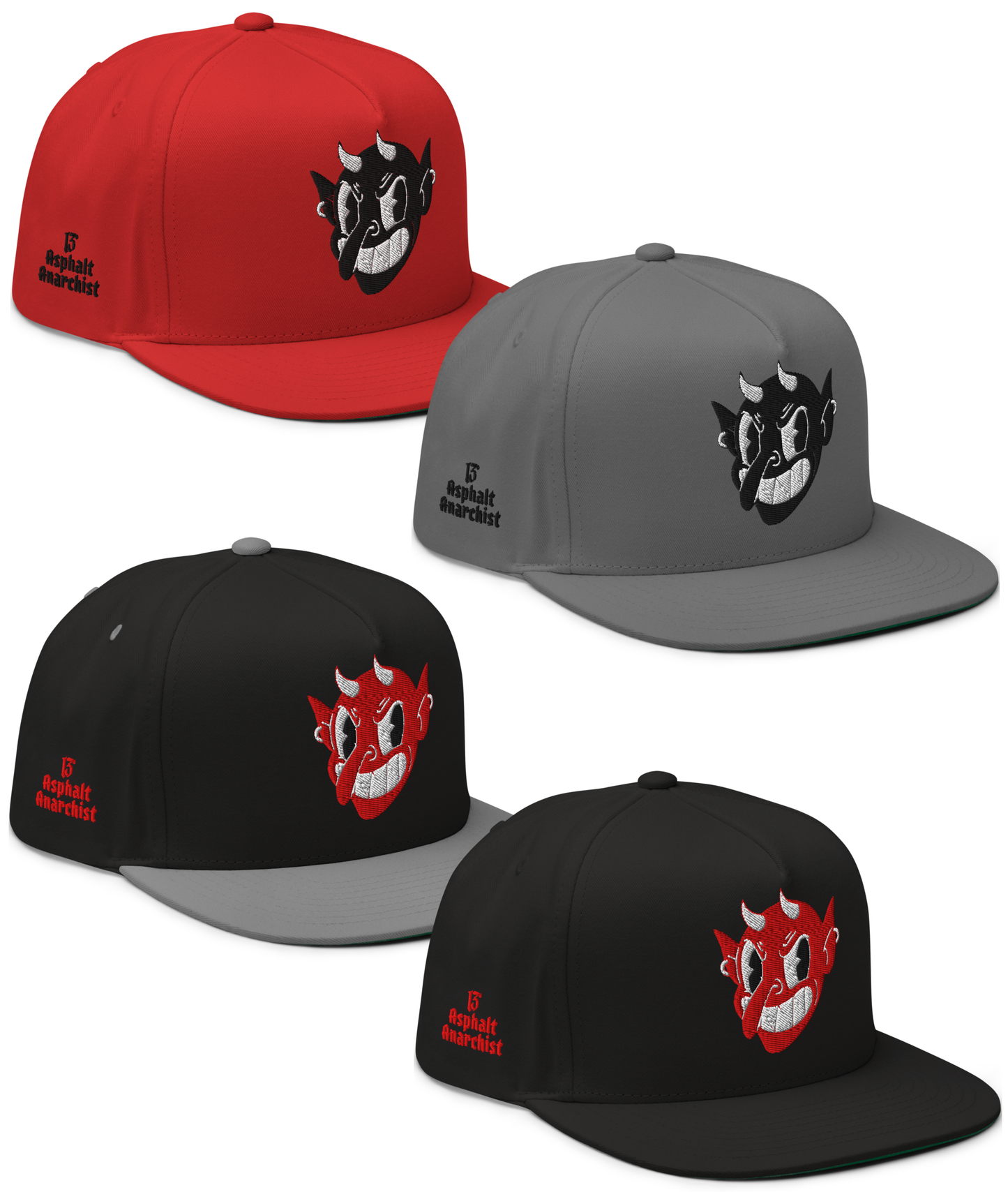 Front collage view of the Little Devil Embroidered Snapback in black, black & gray, gray, or red from Asphalt Anarchist, 5-panel flat brim cap with devil head, 13 back hit, and side logo. AI-generated image. 