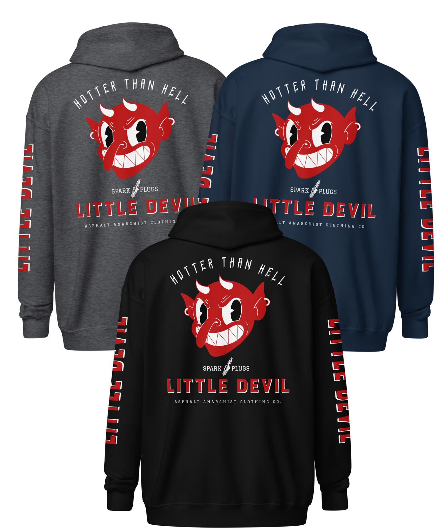 
                  
                    Back collage view - Little Devil Heavy Zipper Hoodie in black, dark heather, or navy, Asphalt Anarchist branding, retro devil graphic, and sleeve text detail. AI-generated image.
                  
                
