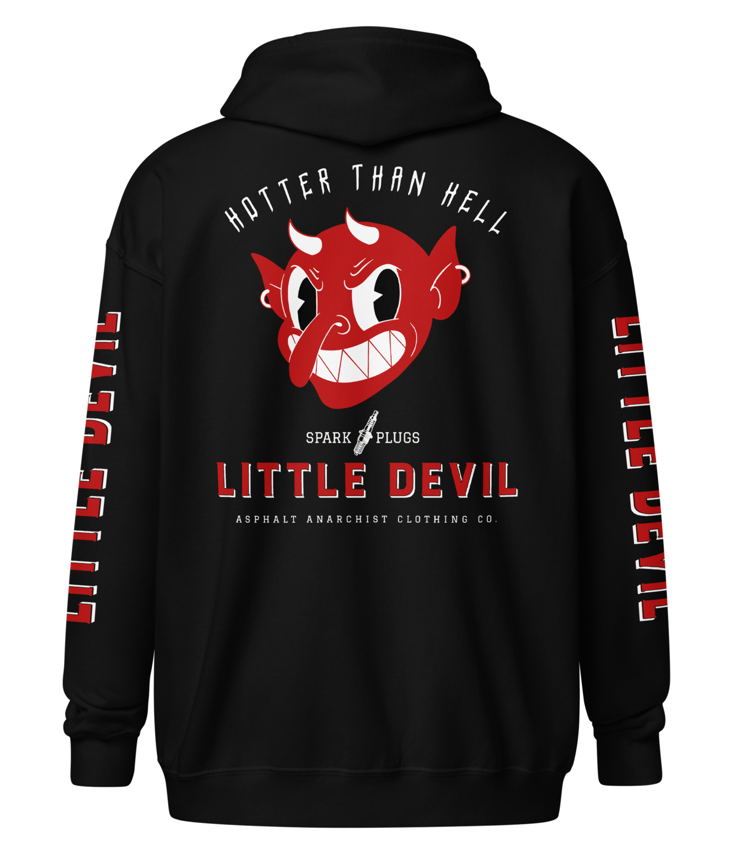 
                  
                    Back view - Little Devil Heavy Zipper Hoodie in black, Asphalt Anarchist branding, retro devil graphic, and sleeve text detail. AI-generated image.

                  
                