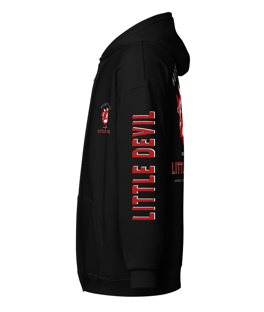 
                  
                    Left side view - Little Devil Heavy Zipper Hoodie in black, Asphalt Anarchist branding, retro devil graphic, and sleeve text detail. AI-generated image.
                  
                