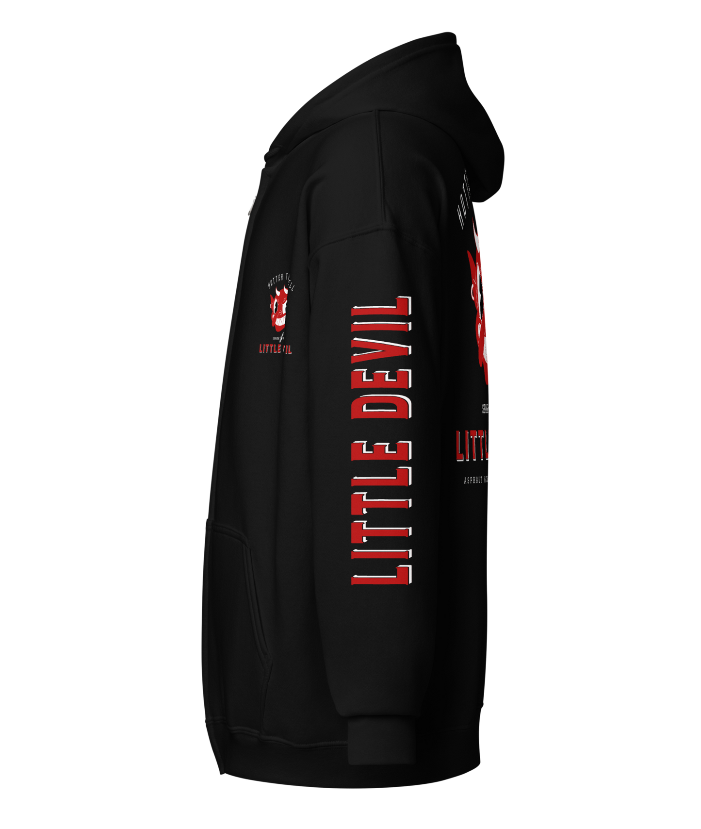 
                  
                    Left side view - Little Devil Heavy Zipper Hoodie in black, Asphalt Anarchist branding, retro devil graphic, and sleeve text detail. AI-generated image.
                  
                
