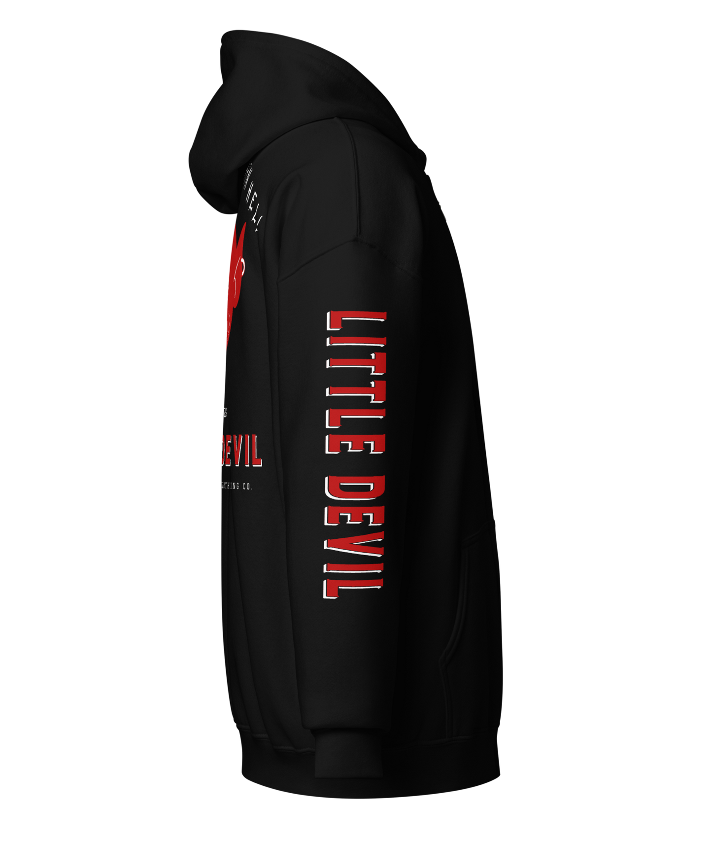 
                  
                    Right side view - Little Devil Heavy Zipper Hoodie in black, Asphalt Anarchist branding, retro devil graphic, and sleeve text detail. AI-generated image.
                  
                