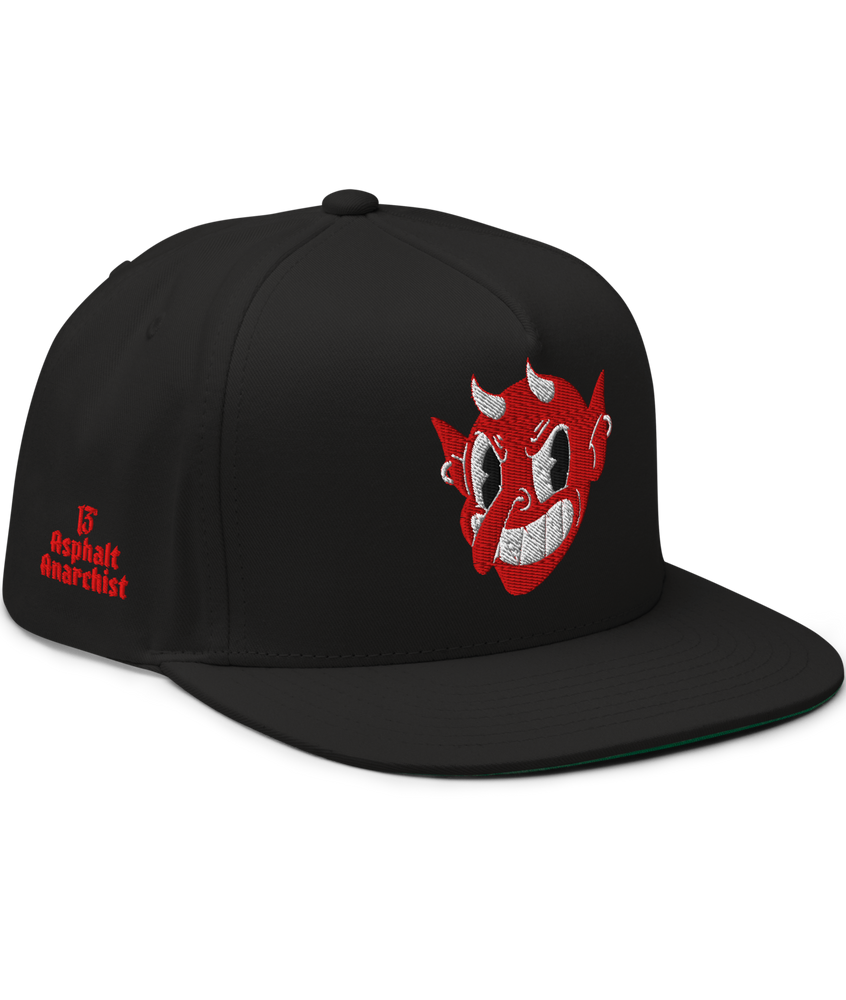Front view of the Little Devil Embroidered Snapback in black from Asphalt Anarchist, 5-panel flat brim cap with devil head, 13 back hit, and side logo. AI-generated image.
