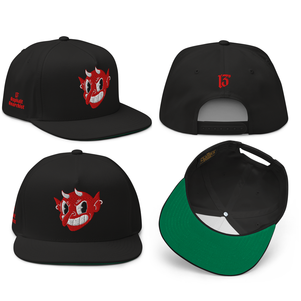 
                  
                    Collage view of the Little Devil Embroidered Snapback in black from Asphalt Anarchist, 5-panel flat brim cap with devil head, 13 back hit, and side logo. AI-generated image.
                  
                