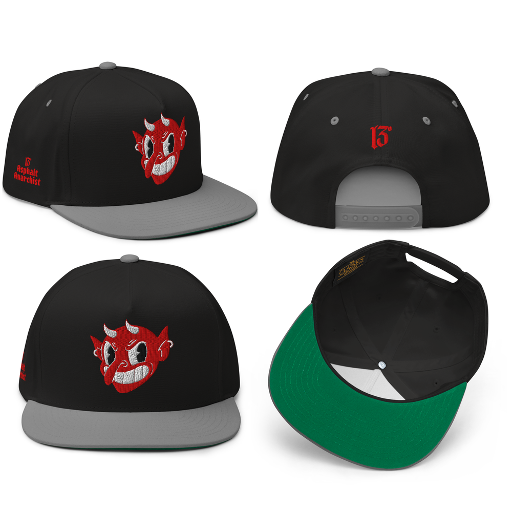 
                  
                    Collage view of the Little Devil Embroidered Snapback in black & gray from Asphalt Anarchist, 5-panel flat brim cap with devil head, 13 back hit, and side logo. AI-generated image.
                  
                