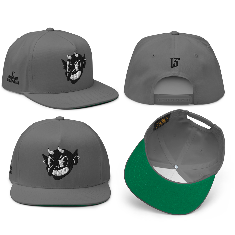 
                  
                    Collage view of the Little Devil Embroidered Snapback in gray from Asphalt Anarchist, 5-panel flat brim cap with devil head, 13 back hit, and side logo. AI-generated image.
                  
                