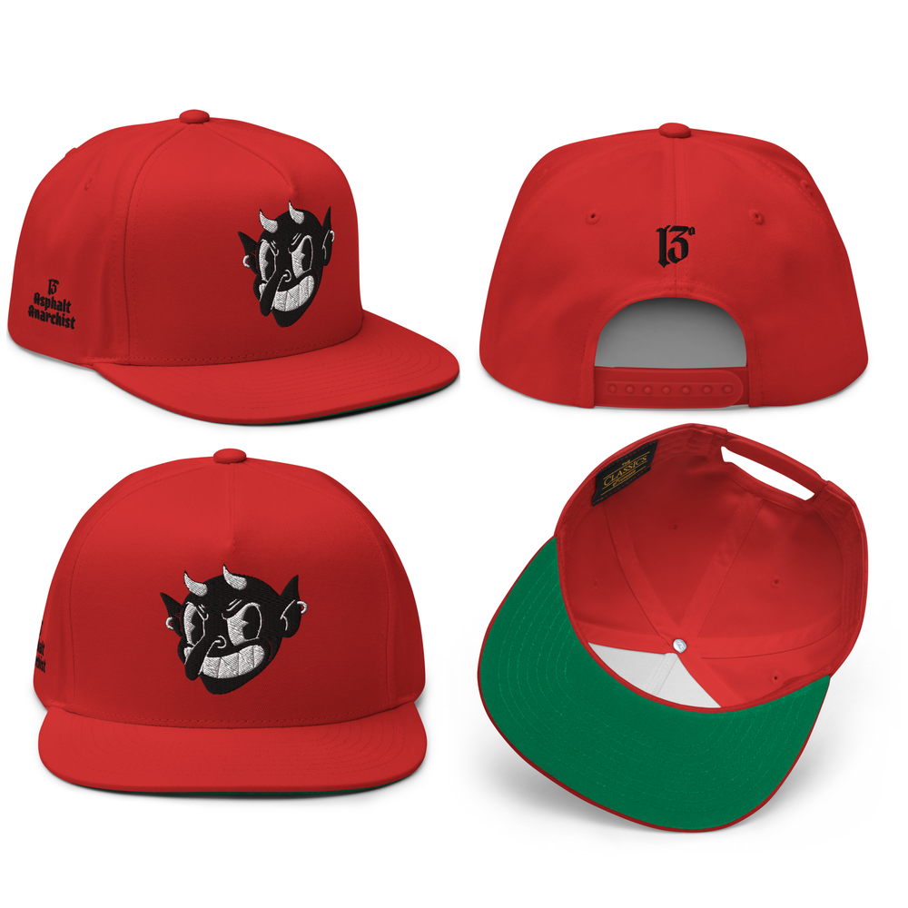 
                  
                    Collage view of the Little Devil Embroidered Snapback in red from Asphalt Anarchist, 5-panel flat brim cap with devil head, 13 back hit, and side logo. AI-generated image.
                  
                