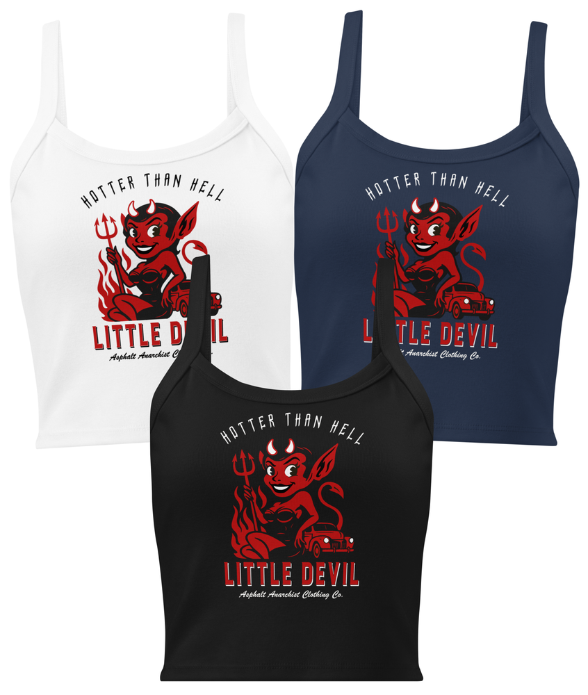 
                  
                    Collage view of the Little She Devil Micro-Rib Tank in black, white, and navy by Asphalt Anarchist Clothing Co., featuring a sultry red devil girl leaning against a vintage hot rod, flames, pitchfork, the words Hotter Than Hell across the top. AI-generated image.
                  
                