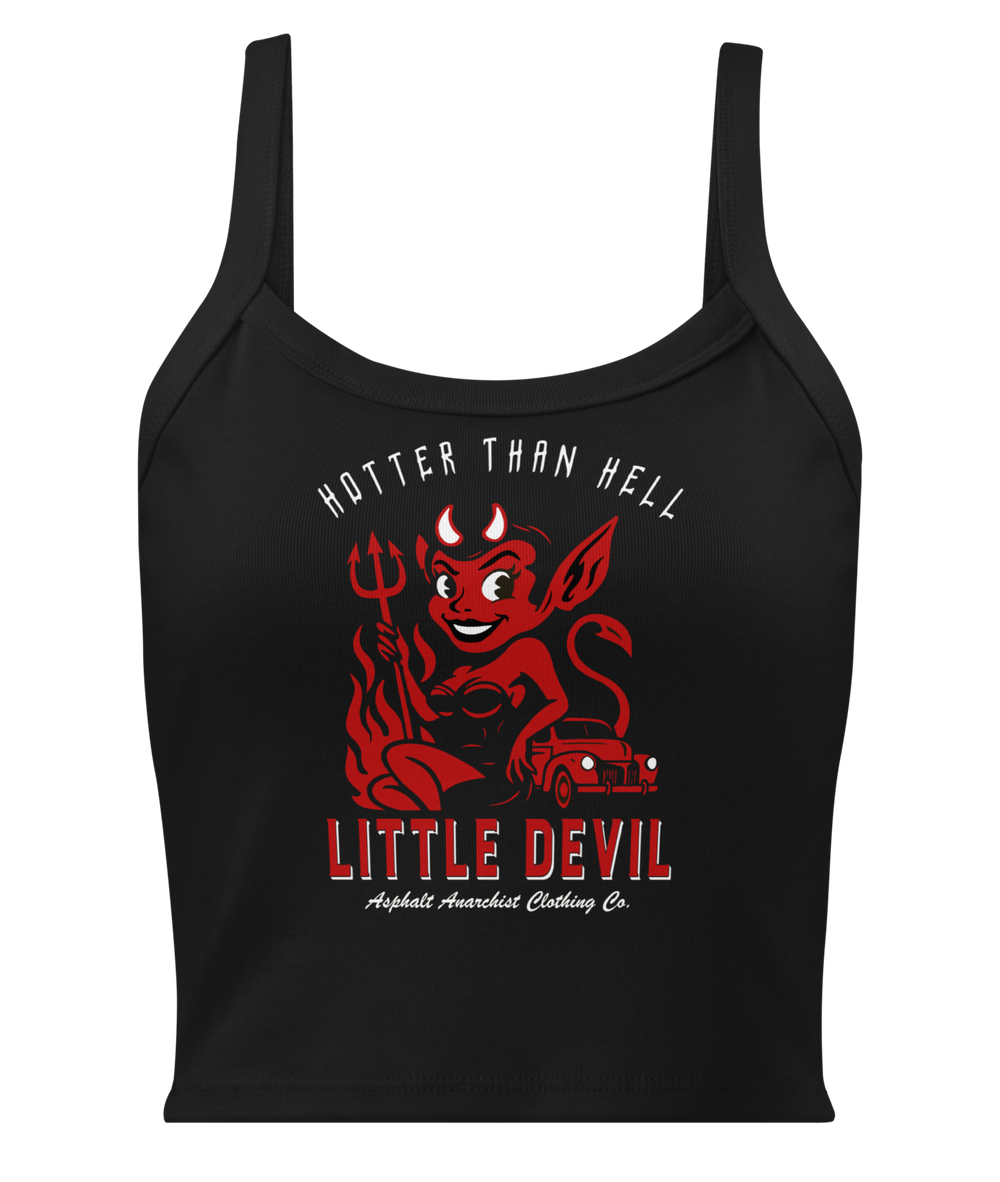 Front view of the Little She Devil Micro-Rib Tank in black  by Asphalt Anarchist Clothing Co., featuring a sultry red devil girl leaning against a vintage hot rod, flames, pitchfork, the words Hotter Than Hell across the top. AI-generated image.
