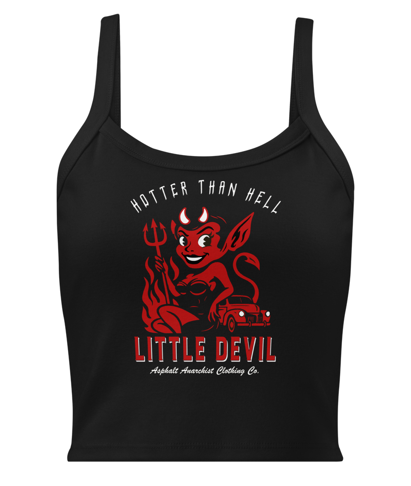 
                  
                    Front view of the Little She Devil Micro-Rib Tank in black  by Asphalt Anarchist Clothing Co., featuring a sultry red devil girl leaning against a vintage hot rod, flames, pitchfork, the words Hotter Than Hell across the top. AI-generated image.

                  
                