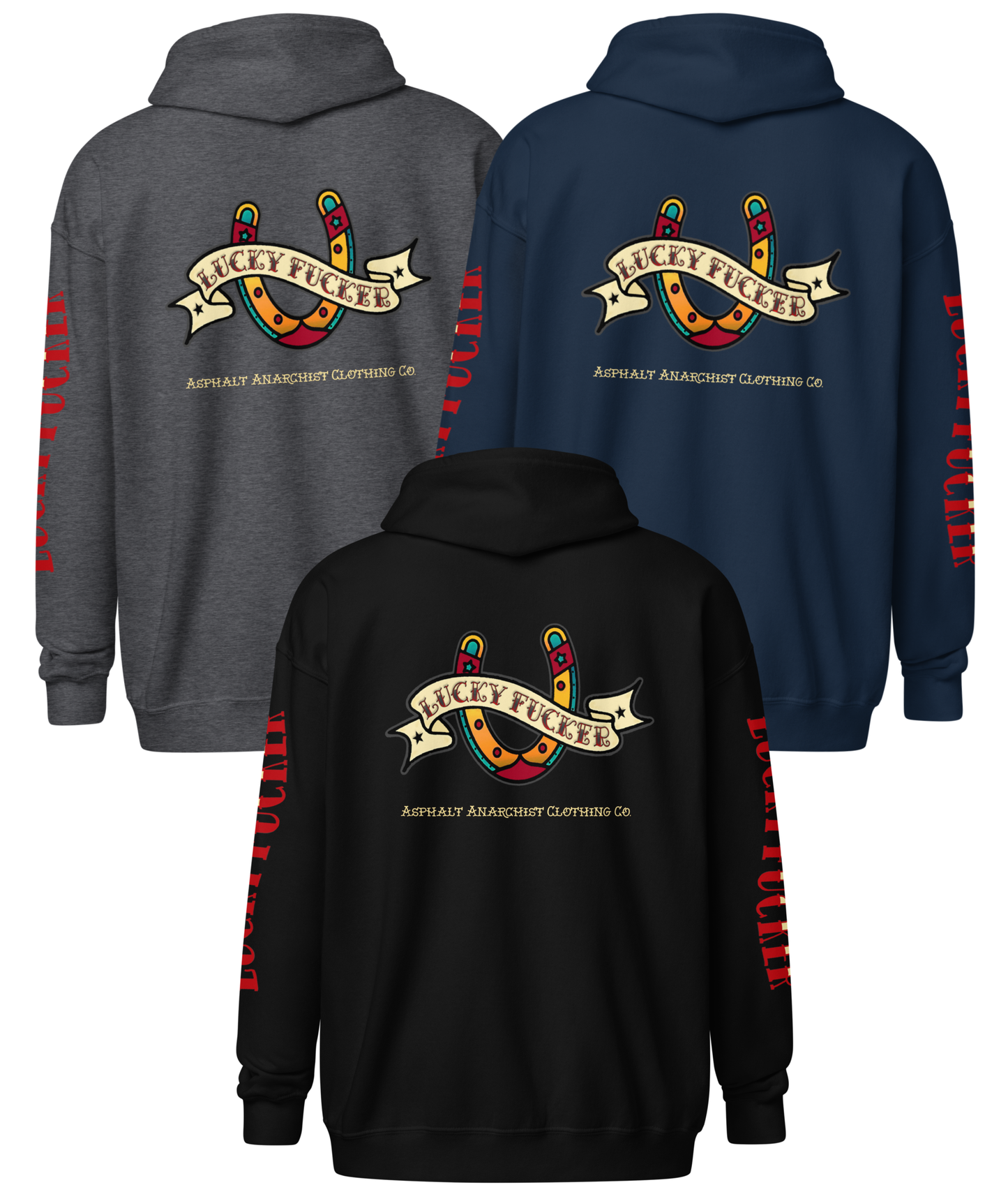 Back collage view of the Lucky Fucker Heavy Zipper Hoodie in black, gray, or navy by Asphalt Anarchist Clothing Co. Featuring full-back American Traditional tattoo-style Lucky Fucker banner across a horseshoe artwork and stitched sleeve details. AI Generated Image.