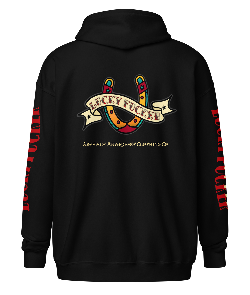 Back view of the Lucky Fucker Heavy Zipper Hoodie in black by Asphalt Anarchist Clothing Co. Featuring full-back American Traditional tattoo-style Lucky Fucker banner across a horseshoe artwork and stitched sleeve details. AI Generated Image.

